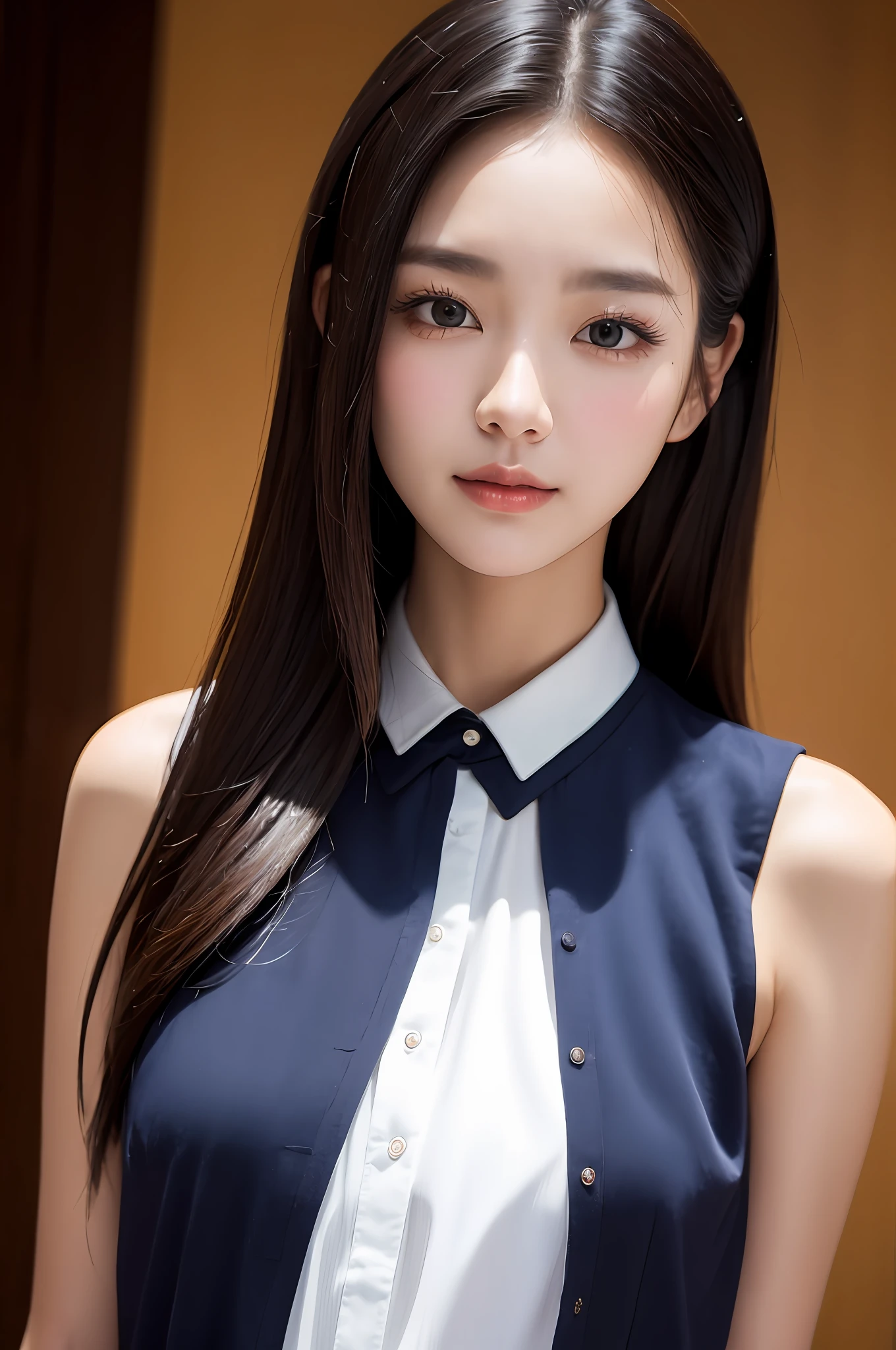 ((best qualtiy、8k masterpieces:1.3))、foco nítido:1.2、(ultra beautiful faces:1.0)、(shinny skin:1.0)、photos realistic、A dark-haired、Video Lighting、High-definition eyes and face、Video Lighting、(cowboy shot:1.3)、(Korean Cute Actress)、from the front side、medium large breasts、ssmile、Sleeveless、Slender Abs Beauty、Wearing a white blouse
