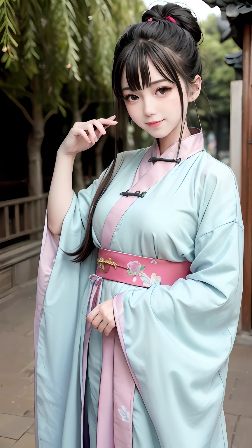 (超高分辨率,Photorealistic,Realistic,Best quality,photo-realistic), (highdetailskin,Visible pores),(Real Human,photographed), (((Random color Hanfu,Chinese style))),Realistic,Simple background,full bodyesbian, (8K, RAW photo, Best quality, Masterpiece),(1 girl),photon maping, Radio City, Physically-based rendering,automatic white balance,(((haunting smile,Long hair))),Watery eyes, (Blush|Cute and playful|Adorable|Willow slender waist|Thick bangs|Beauty|double tails|hair-bun,),(view the viewer),(irises and pupils are rounded,the pupil reflelts the surroundings,Eyes are not the same size), Chinese street, scenery, Morning