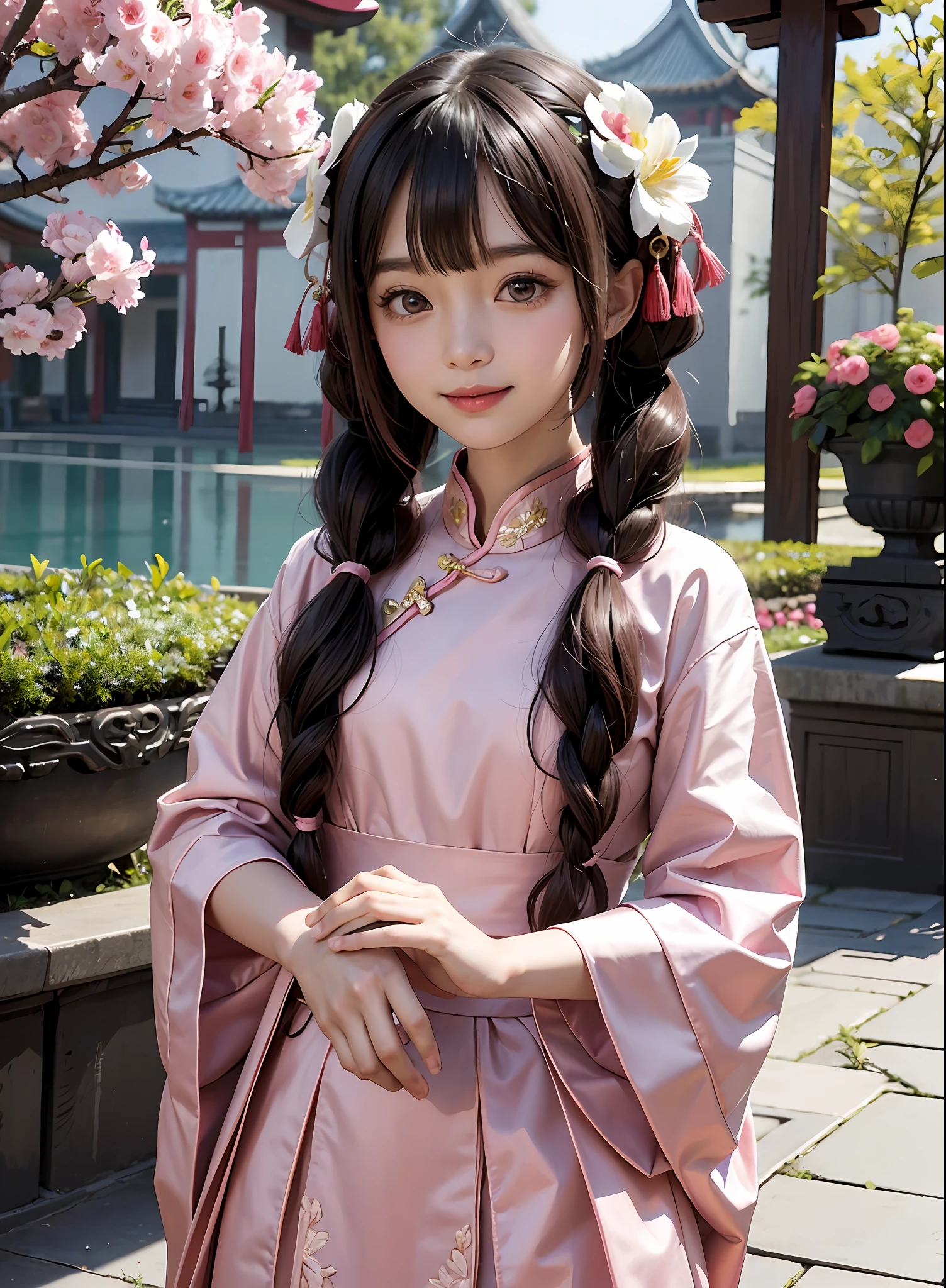 pink,chinese palace,1little girl,lily,twintails,brunette color hair,By bangs,Long chinese dress,flower,9-year-old female model,Princess,Smile,