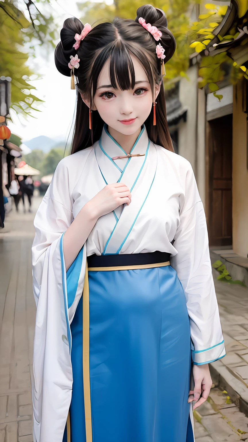 (超高分辨率,Photorealistic,Realistic,Best quality,photo-realistic), (highdetailskin,Visible pores),(Real Human,photographed), (((Random color Hanfu,Chinese style))),Realistic,Simple background,full bodyesbian, (8K, RAW photo, Best quality, Masterpiece),(1 girl),photon maping, Radio City, Physically-based rendering,automatic white balance,(((haunting smile,Long hair))),Watery eyes, (Blush|Cute and playful|Adorable|Willow slender waist|Thick bangs|Beauty|double tails|hair-bun,),(view the viewer),(irises and pupils are rounded,the pupil reflelts the surroundings,Eyes are not the same size), Chinese street, scenery, Morning