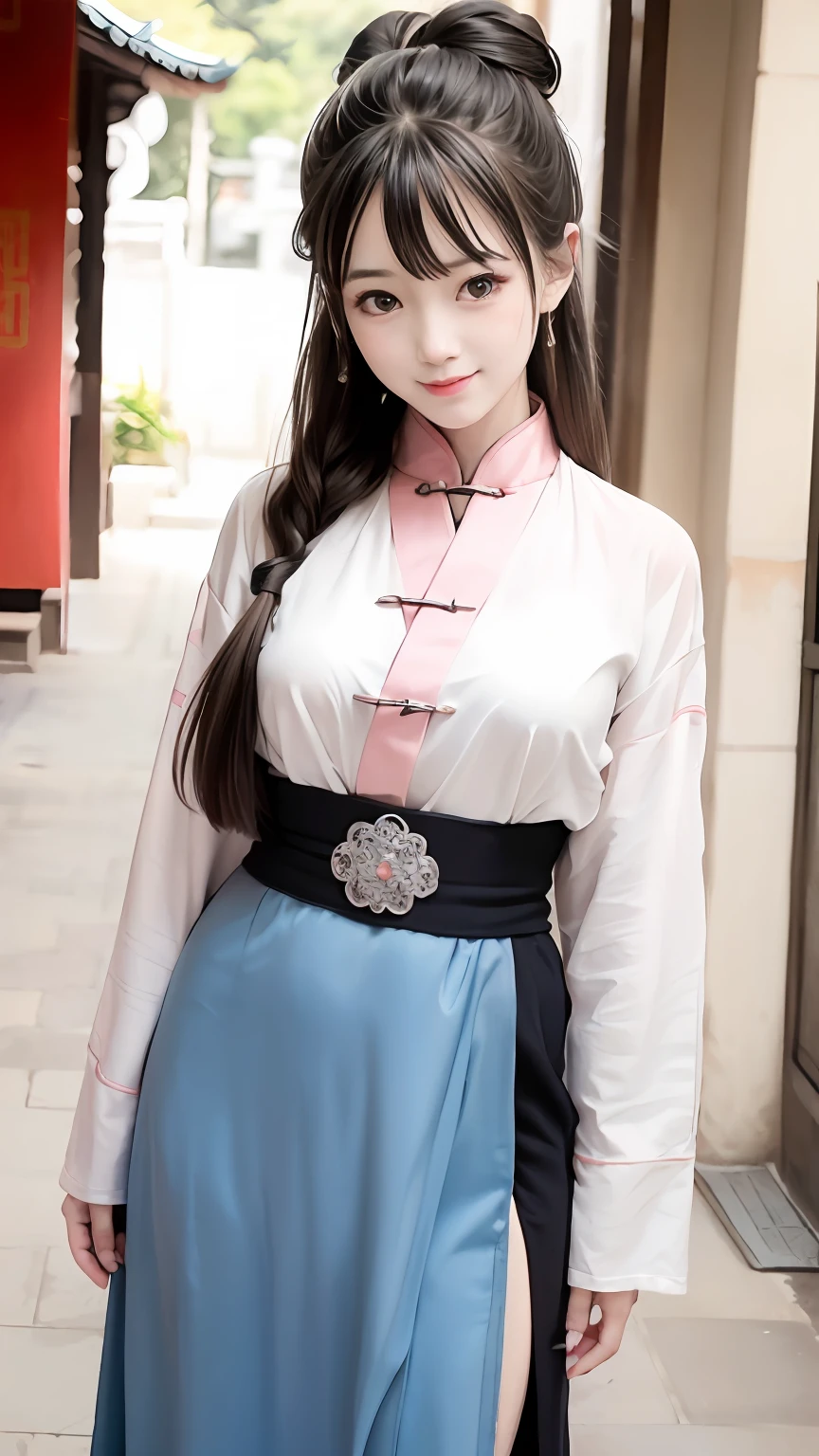 (超高分辨率,Photorealistic,Realistic,Best quality,photo-realistic), (highdetailskin,Visible pores),(Real Human,photographed), (((Random color Hanfu,Chinese style))),Realistic,Simple background,full bodyesbian, (8K, RAW photo, Best quality, Masterpiece),(1 girl),photon maping, Radio City, Physically-based rendering,automatic white balance,(((haunting smile,Long hair))),Watery eyes, (Blush|Cute and playful|Adorable|Willow slender waist|Thick bangs|Beauty|double tails|hair-bun,),(view the viewer),(irises and pupils are rounded,the pupil reflelts the surroundings,Eyes are not the same size), Chinese street, scenery, Morning