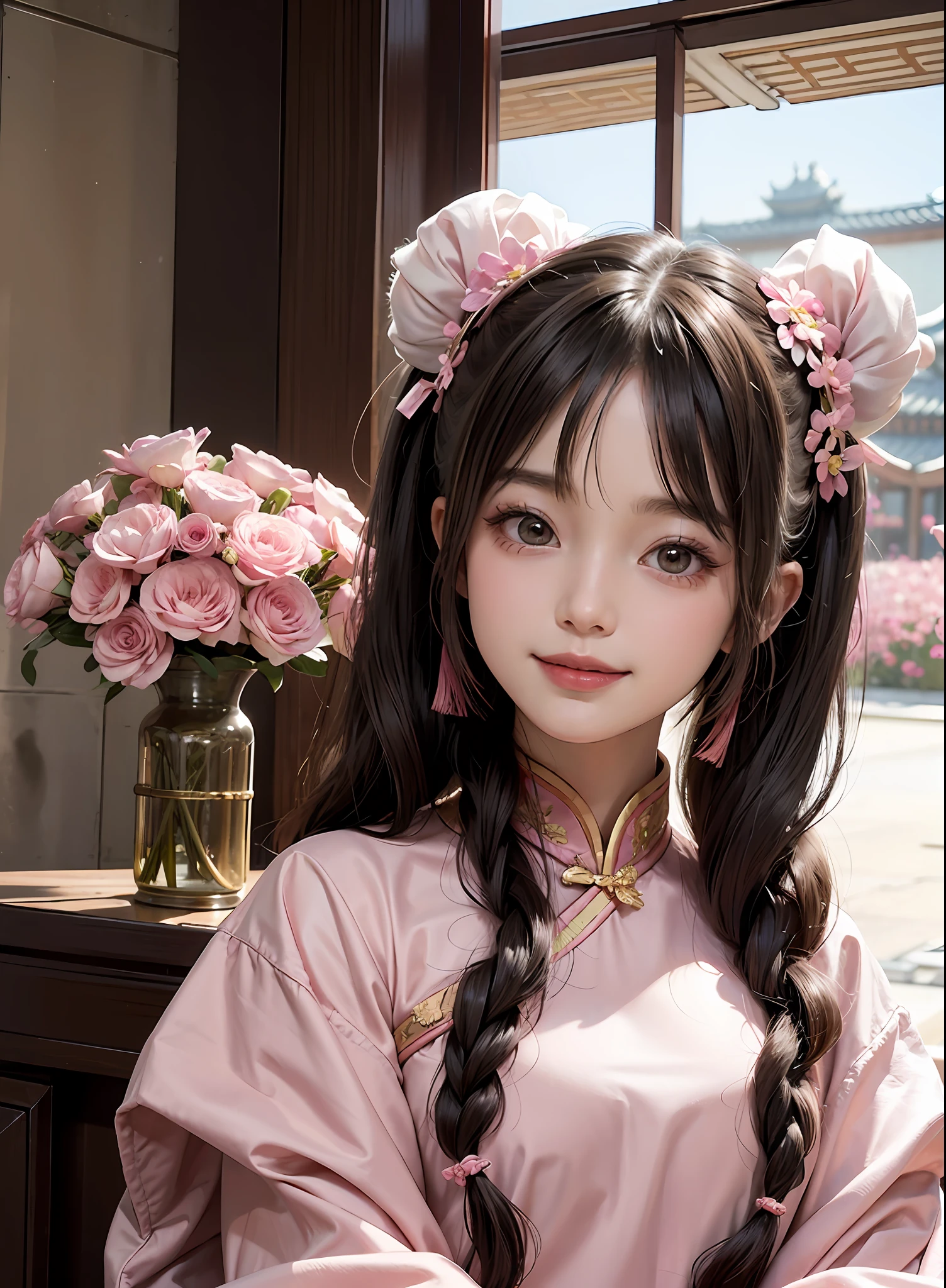 pink,chinese palace,1little girl,lily,twintails,brunette color hair,By bangs,Long chinese dress,flower,9-year-old female model,Princess,Smile,