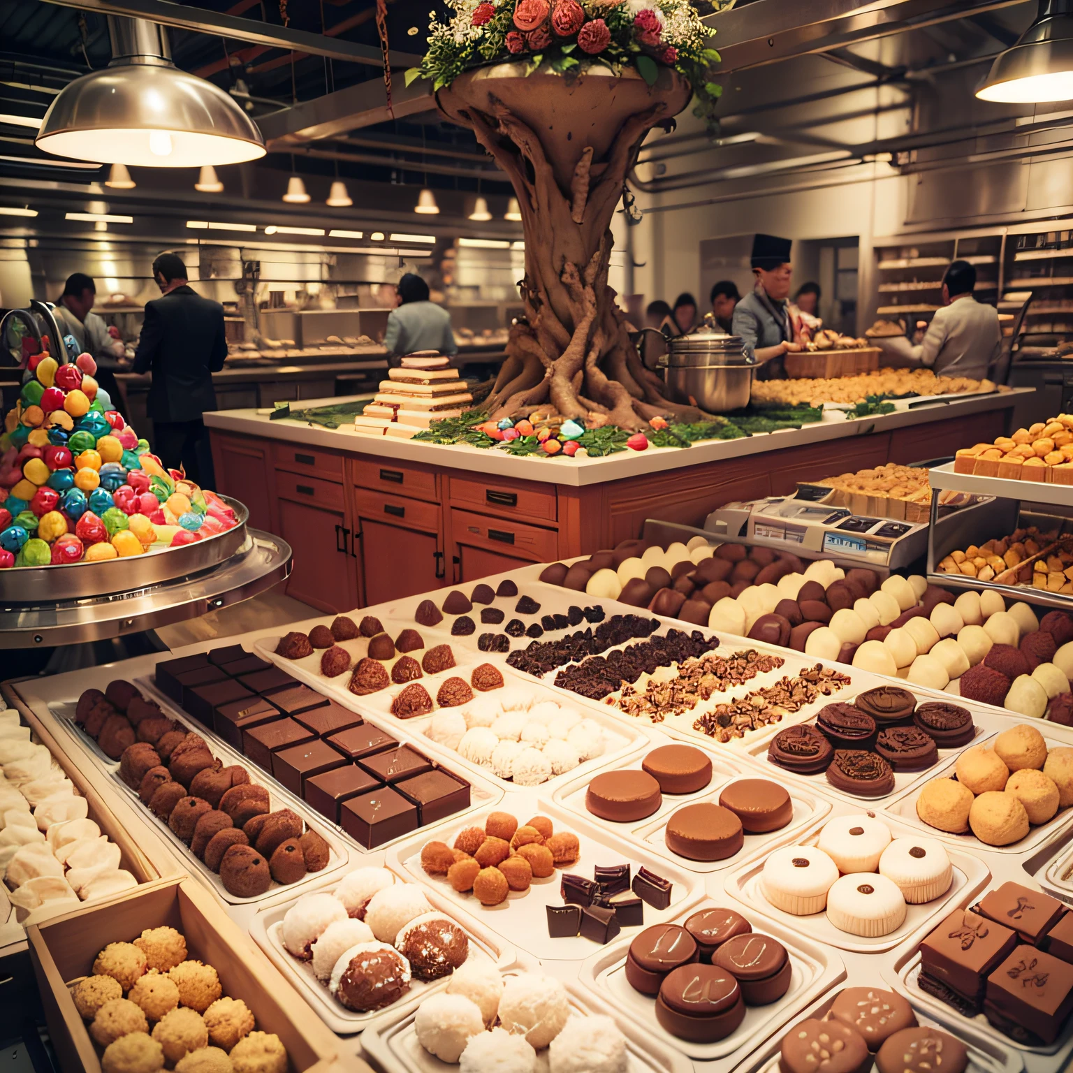 When I arrived at the factory, it was like a dream world. The walls were lined with delicious sweets, and there was a chocolate waterfall, a gumball tree, a cookie tower, a candy production line, and a chocolate fountain, making it a dream confectionery factory. --auto --s2