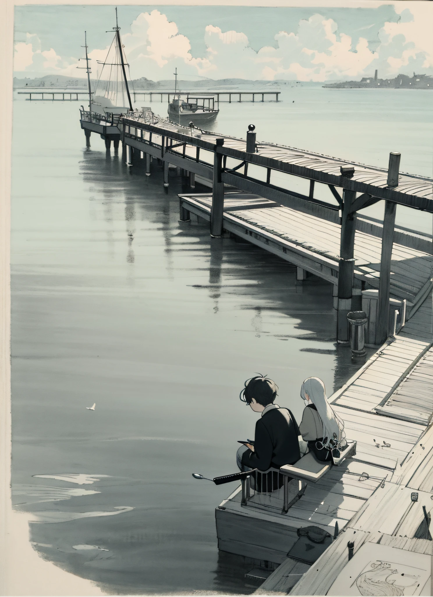 Painting of a boy and a girl sitting on a pier,Meticulous pen and ink drawing,Artistic pen and ink illustration,Scroll immersed in pen and ink,Beautiful drawings drawn with pencil and ink,Pen drawings that show their unique charm,Unique pen and ink illustration,Details of monochrome drawings,The perfect display of the charm of pen and ink art。