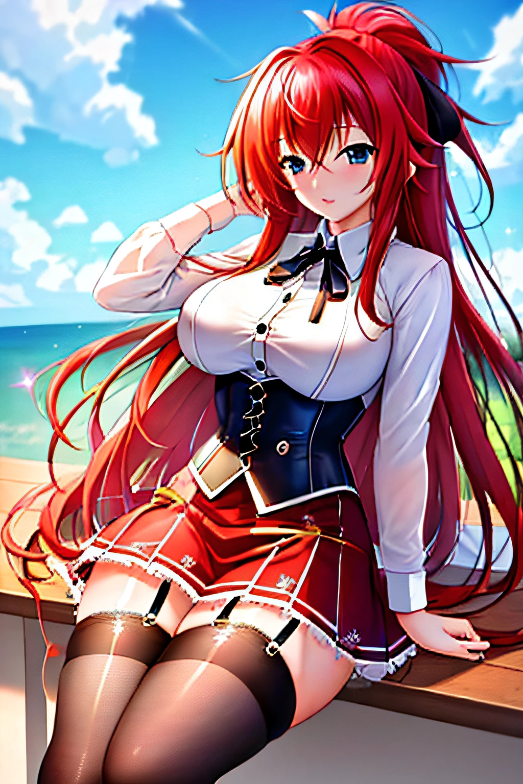 masterpiece, highly detailed CG unified 8K wallpapers, (HQ skin:1.2),8k uhd, dslr, high quality, ((a woman in a red short skirt, button-down shirt with vertical linings, a black ribbon on the collar, button-down corset)), standing, outdoors, red hair, very long hair, blue eyes, beautiful and detailed eyes, beautiful skin, attractive, ultra-high resolution, high-definition, rias