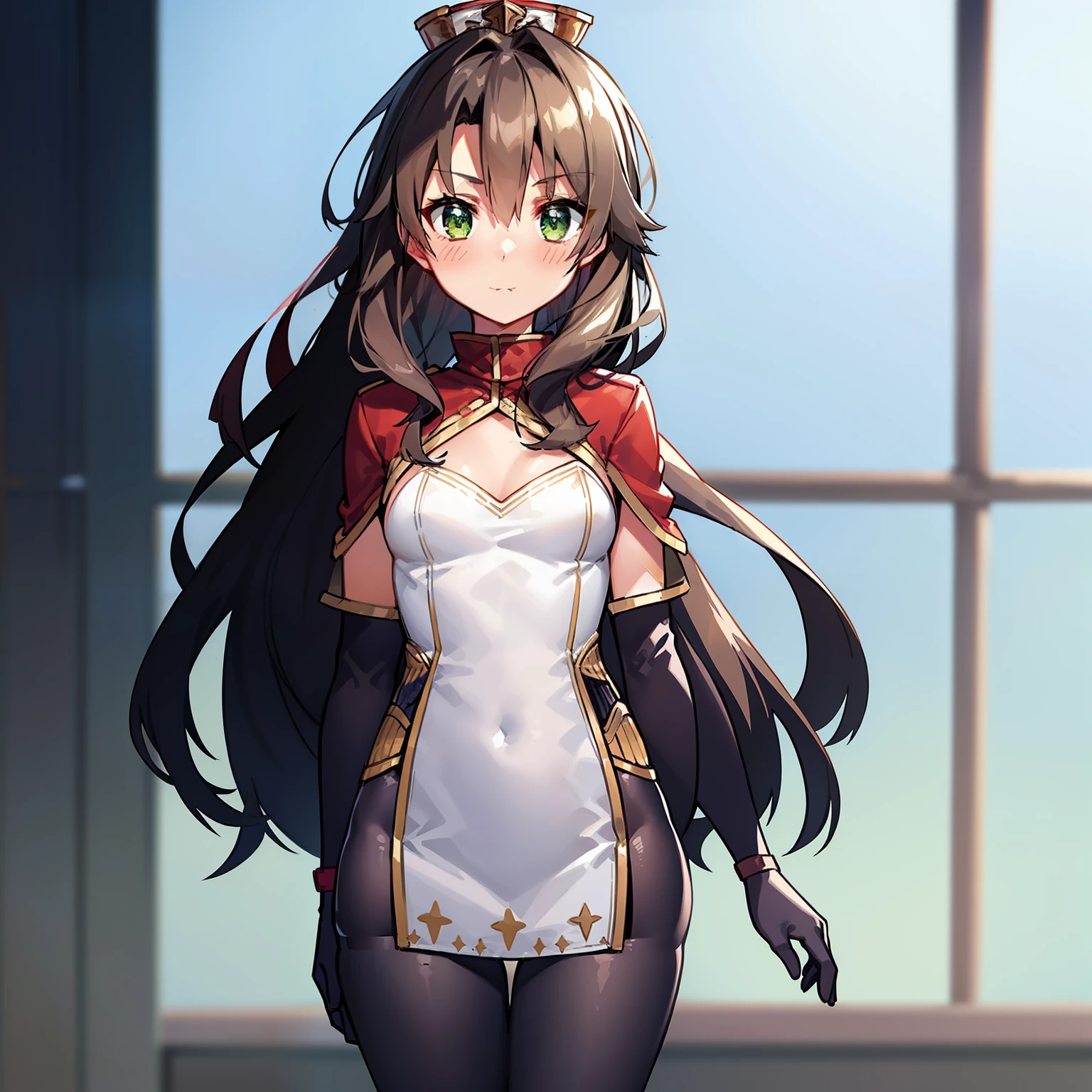 girl, flat chest, flat chest, flat chest, flat chest, flat chest, flat chest, flat breasts, slim body, brown hair, Exeter, blown hair, wavy hair, long hair, green eyes, sleepwear, shy, high detail, anime style, sharp image