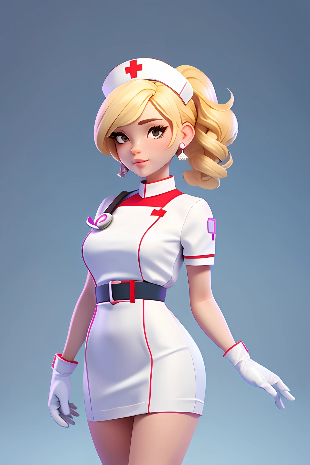 3dcharacter,Stud earrings,(full bodyesbian:1.2),Simple background, Masterpiece,Best quality,(white backgrounid:1.1), tmasterpiece,Best quality at best,Blonde female nurse,Wear gloves in the hospital,white nurse outfit