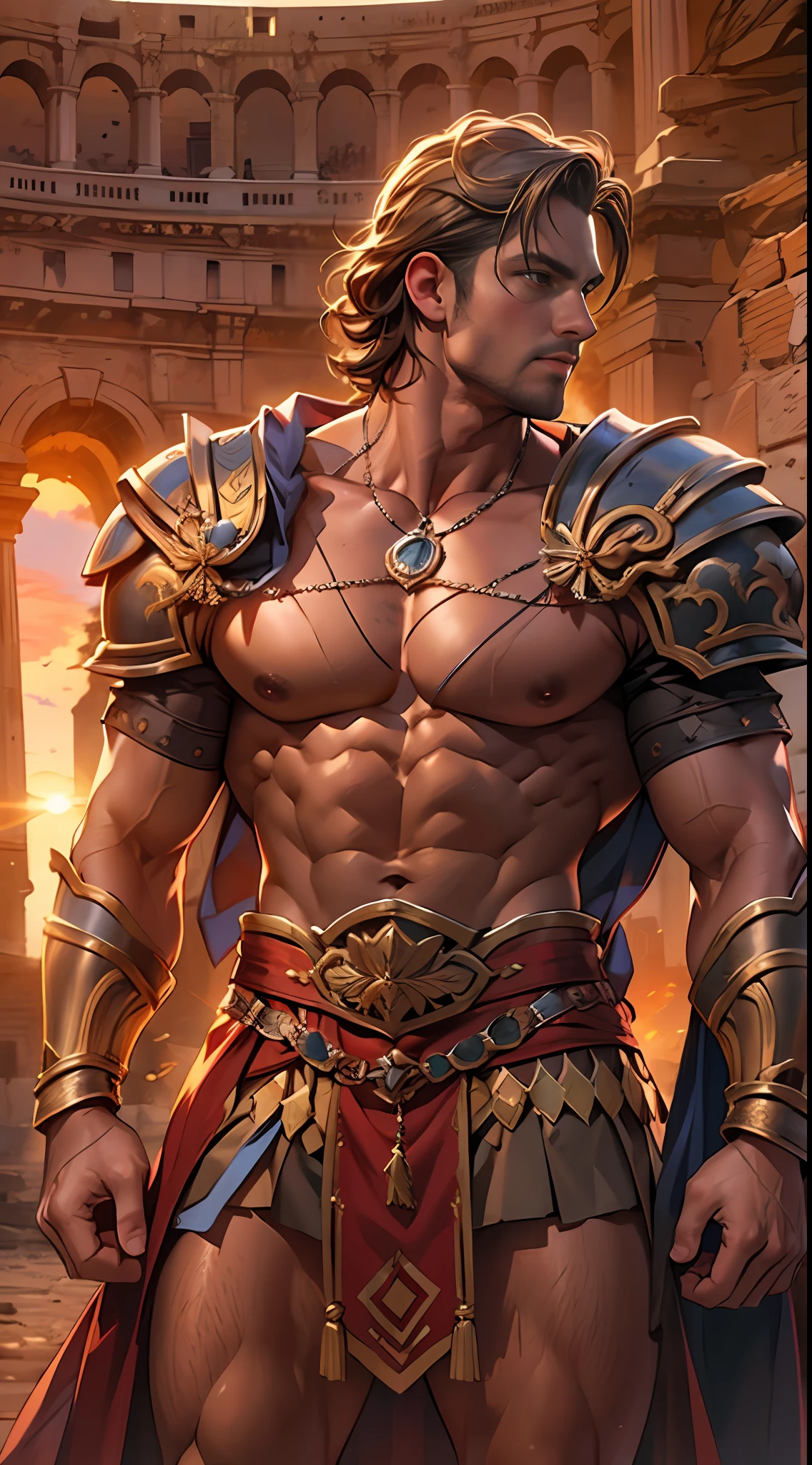 Mighty gladiator, chest uncovered, lower body revealed from thighs to feet, cascading long curls, detailed muscular physique, lifelike depiction, 4K resolution. Background: Colosseum during a spectacular sunset,32k uhd, best quality, masterpiece, super detail, high details