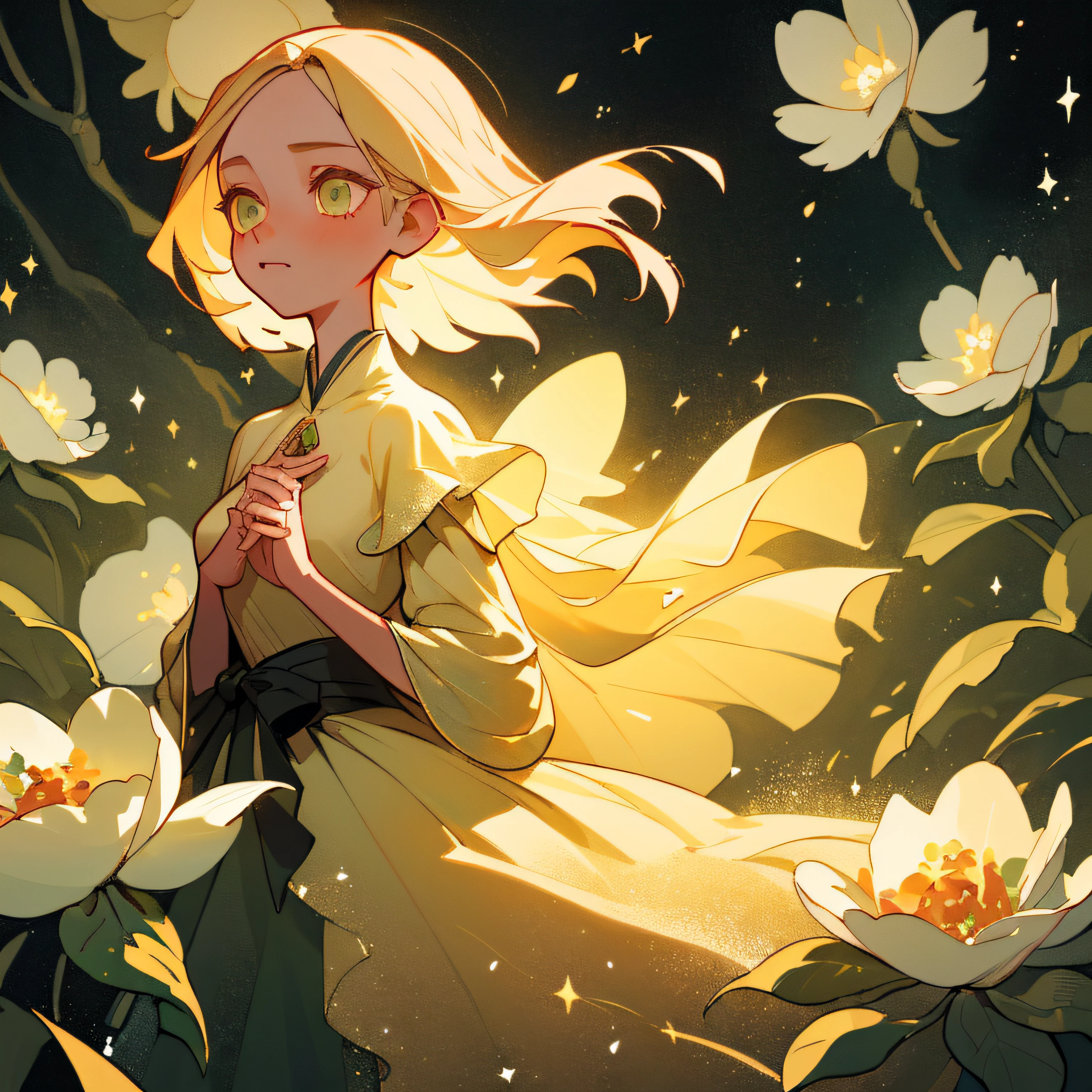 "(Best quality, masterpiece) 1girl, forest, glitter, flowing dress, particles, gentle breeze, blooming flowers, focused on upper body, dark background, direct eye contact, blonde hair."