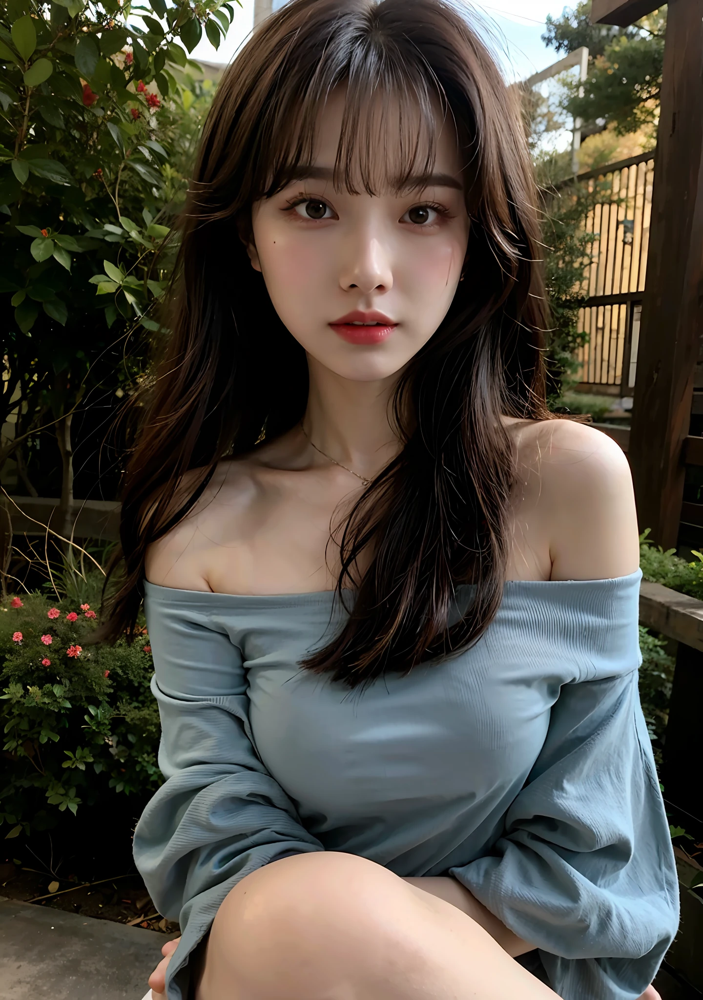 Black hair, off-shoulder