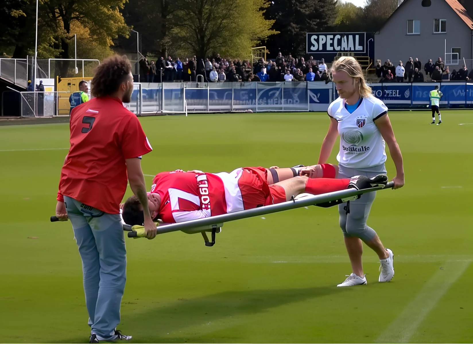 There are two madeup women carrying a stretcher, there is a woman in a wetlook laquered downcoat, a woman in a high-shine downcoat, there is a greyhaired woman in a red leather-suit, there is a man on a stretcher being carried by two very madeup women, there is a bearded soccer-player lying on a stretcher, there is a soccer-player on a stretcher with one hand over his face, a soccer-player is lying on a stretcher and has put one hand over his face, football hooligans, injured, good graphic, warm sunshine, very professional, very sad, 2717433015, 3 4 5 3 1, 555400831, viral photo, photo shot, interesting composition, adventure playground accident