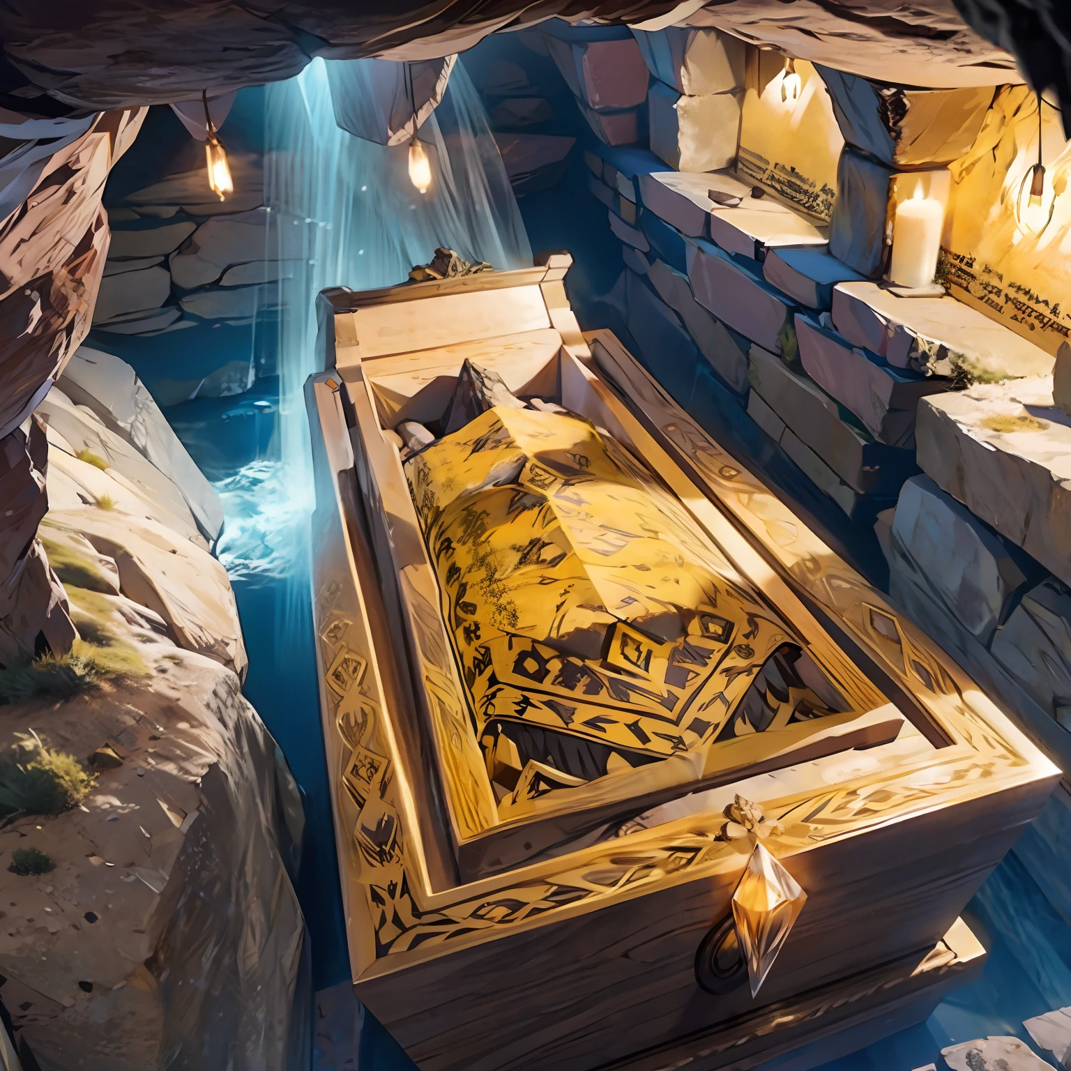 In a cave，There is a crystal coffin engraved with many ancient texts