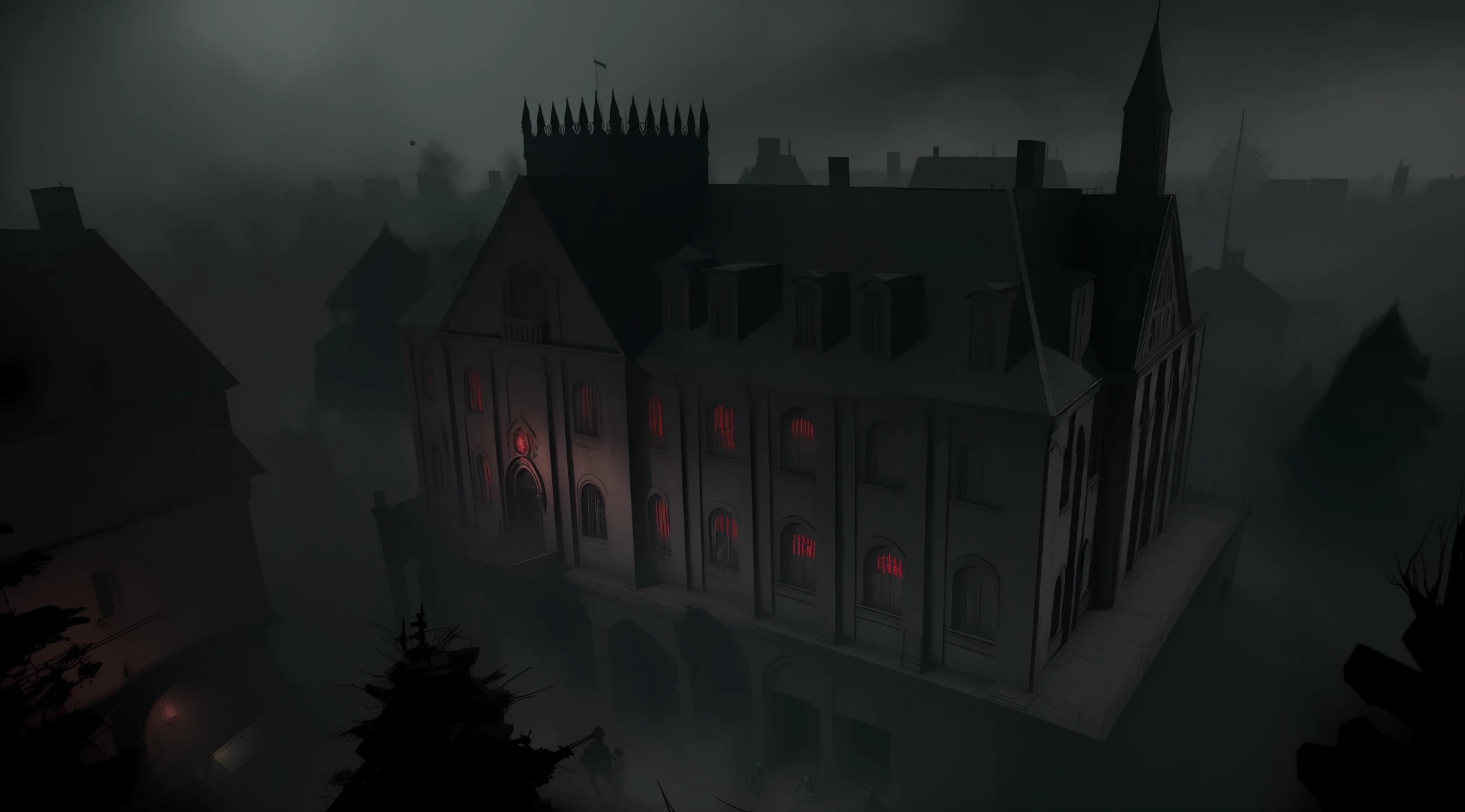 Aerial and old school view, jogo de terror, Last game, Evil Inspirado, Terror de videogame indie, 8k, maximum detailed, high quality