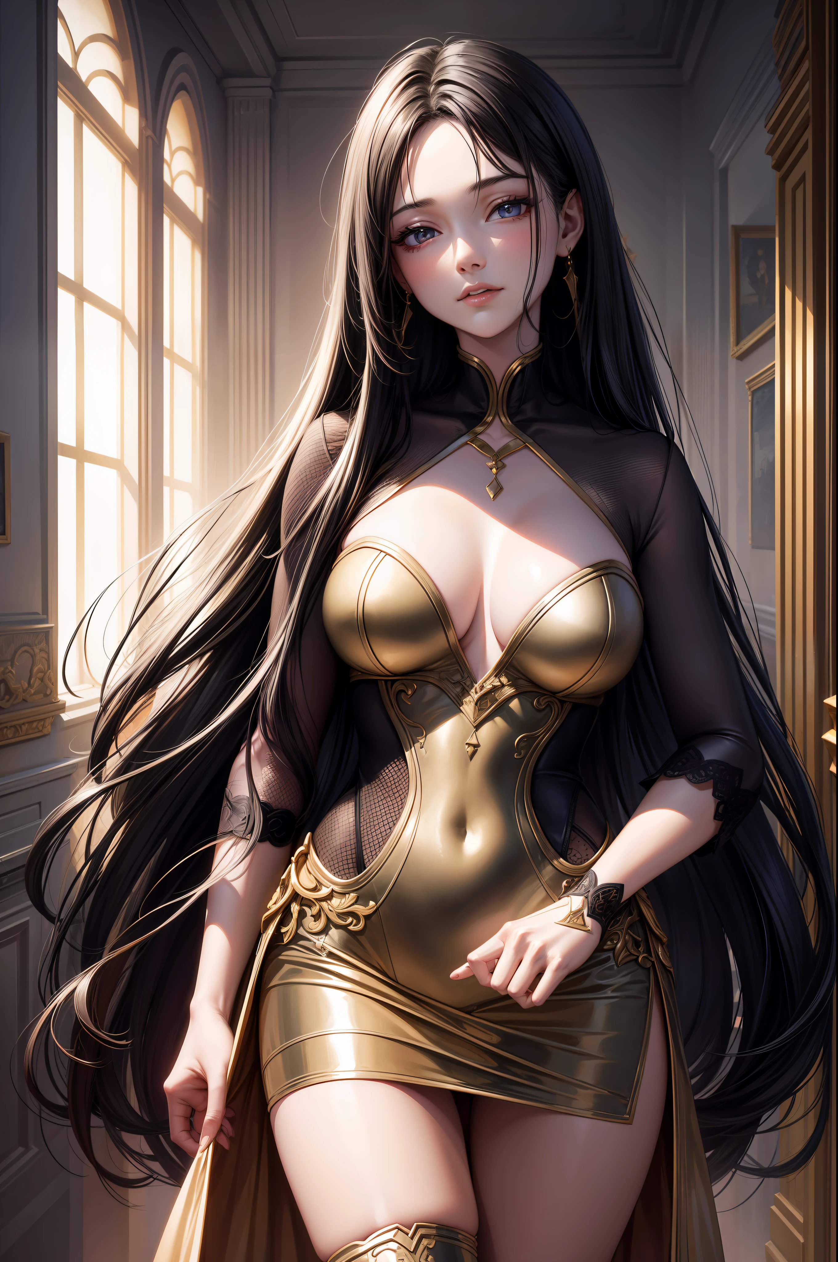 Model woman posing, Very beautiful 20 year old woman, The background is a room in the museum, Very long hair, Open chest costume, Gradient Eyes, Seductive makeup, Show Lighting, , One-person viewpoint, canon, nffsw, retinas, masutepiece, ccurate, Anatomically correct, Textured skin, Super Detail, high details, High quality, awardwinning, Best Quality, hight resolution, 1080p, hard disk, 4K, 8K, 16 K
