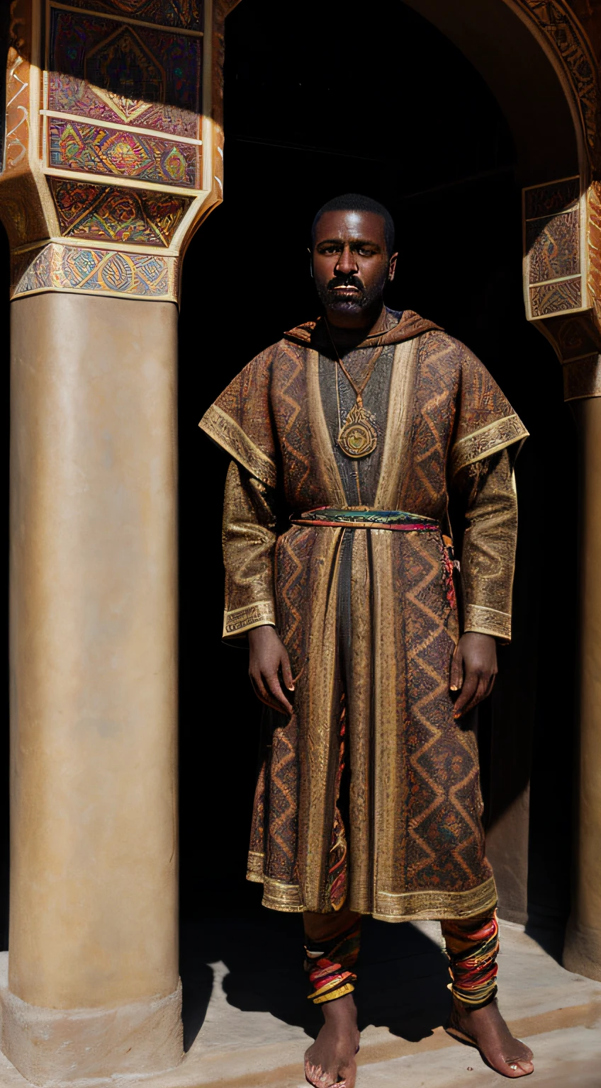 full body portrait of a blasian dark-skinned medieval fantasy 30 year-old man, almond-shaped eyes, hazel-colored eyes, medium well-kept hair, traditional fantasy north african nobleman's clothes, waist sash, exotic, rich, elaborate, colorful, intricately decorated, patterned, in a medieval fantasy north african traditional town, (backlighting), realistic, masterpiece, highest quality, lens flare, shade, bloom, [[chromatic aberration]], by Jeremy Lipking, by Antonio J. Manzanedo, digital painting