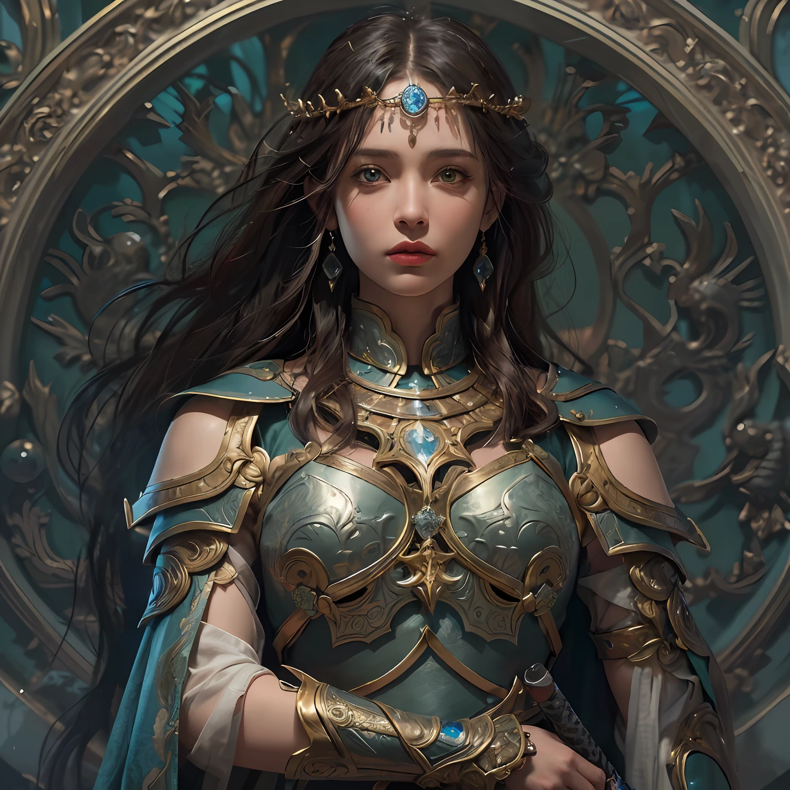 arafed, high details, best quality, 8k, [ultra detailed], masterpiece, best quality, (extremely detailed), dynamic angle, ultra wide shot, RAW, photorealistic, fantasy art, dnd art, rpg art, realistic art, a picture of female human, epic fanatsy paladin, divine warrior, full body, ultra detailed face (1.5) [[anatomically correct]] dynamic position (1.5 intricate details, Masterpiece, best quality) in front of fantasy temple (1.5 intricate details, Masterpiece, best quality), woman wearing bright armor, heavy armor (1.4 intricate details, Masterpiece, best quality), armed with epic sword, epic holy sword, radiant sword, sword sheds bright ligh(1.6, masterpiece), purple cloak (1.3, masterpiece) holy symbol with [bright aura] (1.4 intricate details, Masterpiece, best quality), long hair, dark hair, green eyes intense eyes, fantasy temple background (1.5 intricate details, Masterpiece, best quality) god rays, divine rays ,(1.4 intricate details, Masterpiece, best quality), holy atmosphere, dynamic angle, (1.4 intricate details, Masterpiece, best quality) 3D rendering, high details, best quality, highres, ultra wide angle@EG1