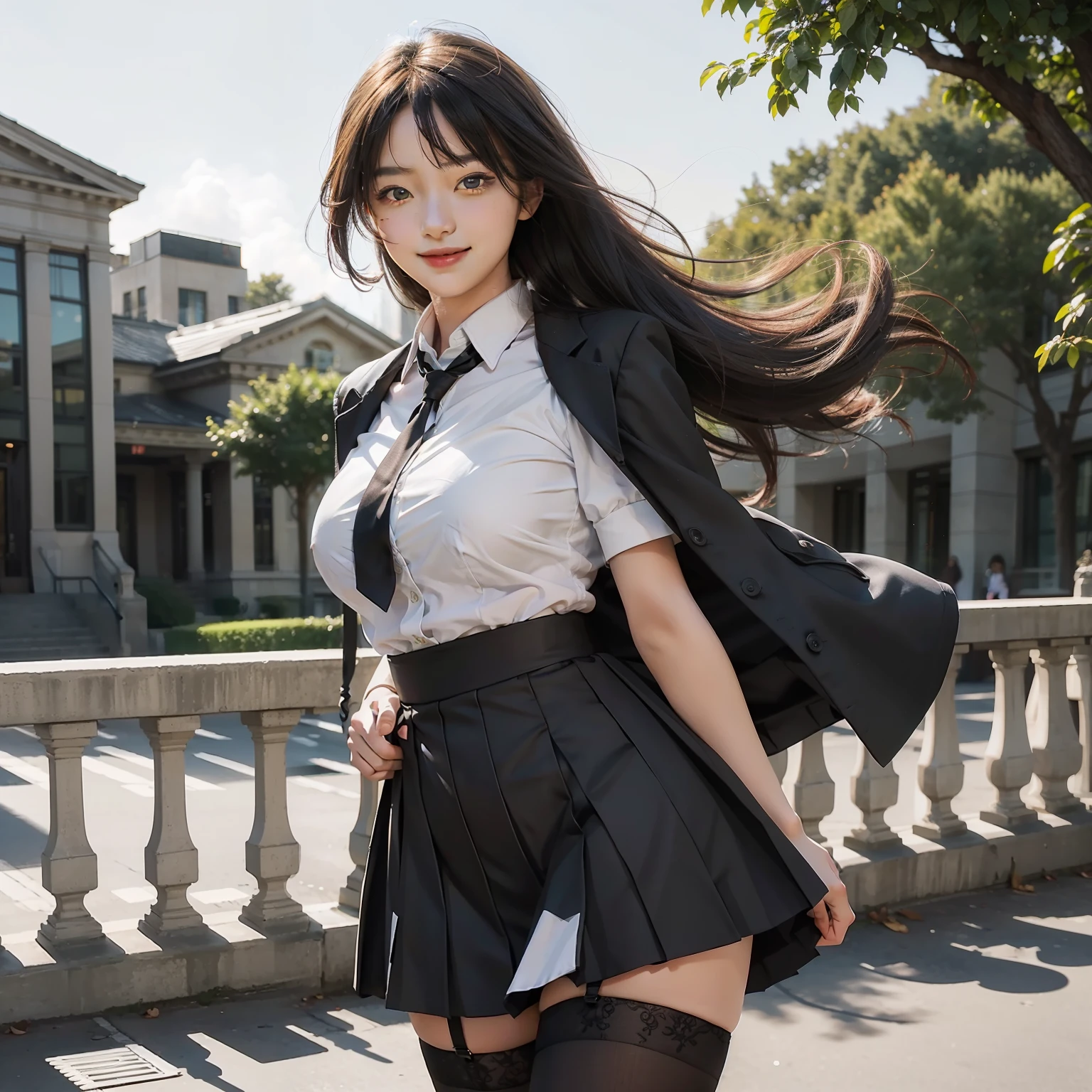 (masterpiece), (best quality), (1girl), solo, sexy, big breast, stand, sunny, windy, outdoor, school uniform, black stocking, smile