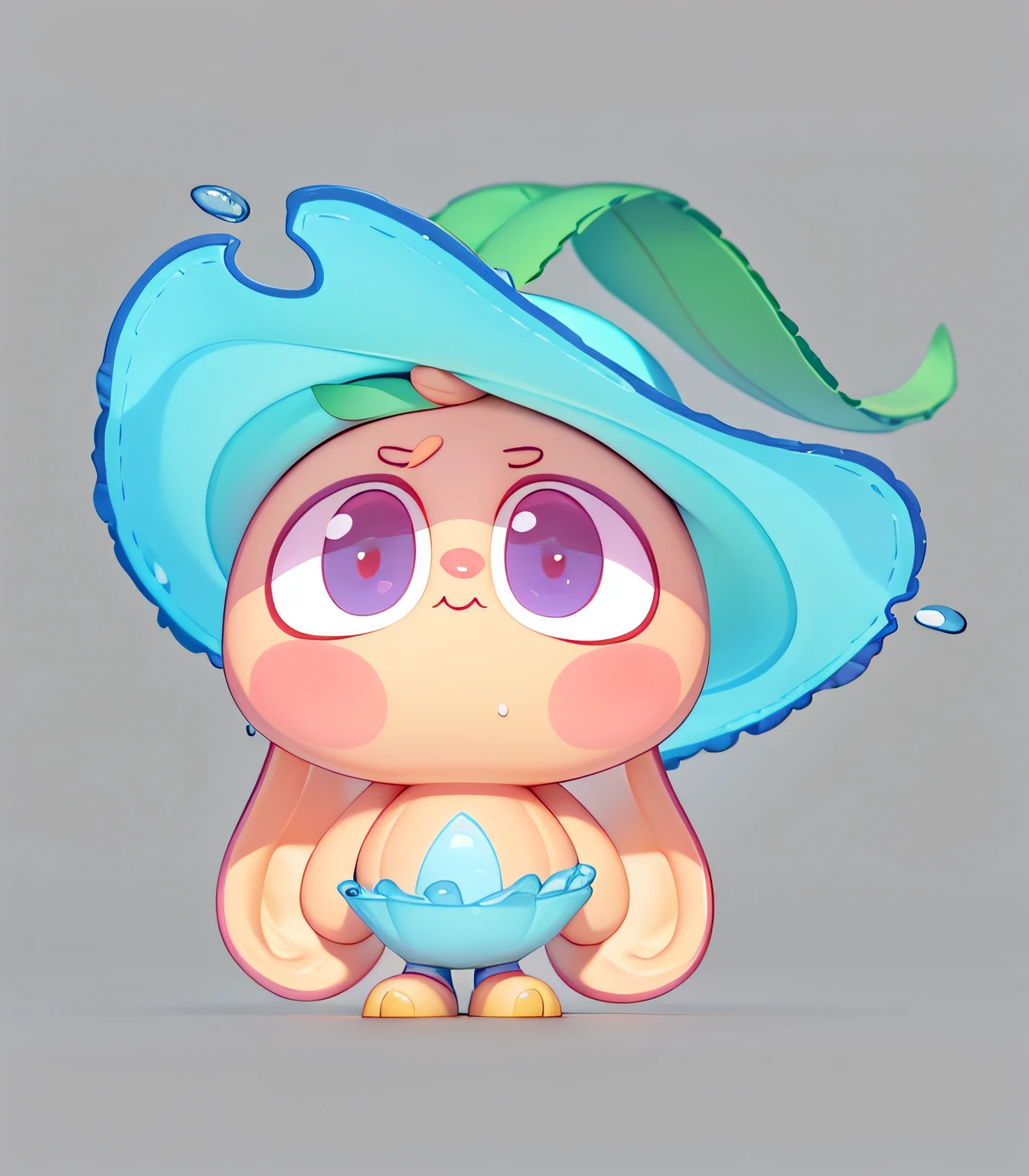 leafs,Water pants,Water hat,Cartoon Bunny,PopMart blind box IP,Front view,Water apricot leaves on the head,Stand naturally,Frontal whole body,Bubble Mart style,High-grade natural color scheme,Bright and harmonious,Lovely and colorful,C4D style,3D animation style design,Cartoony,Fun character design,Ray traching,