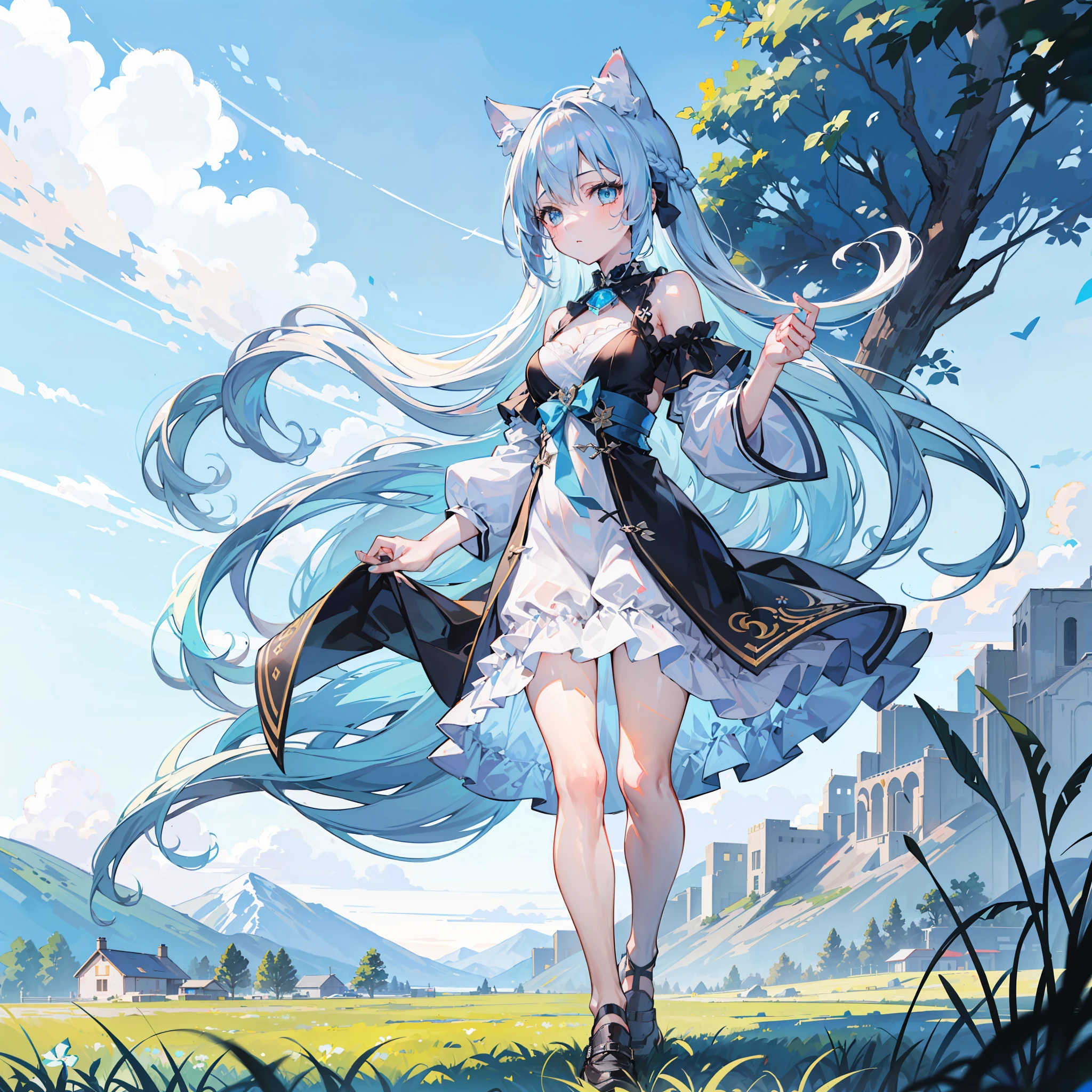 masutepiece,Best Quality,ultra-detailliert,Two hands,5 digits,best faces,(one girl:2),(Sky Blue Long Hair:1.8),straight hair,timid,Cat ears,pale blue eyes,Small breasts,setting off,grass field,Mountains in the distance,Clear