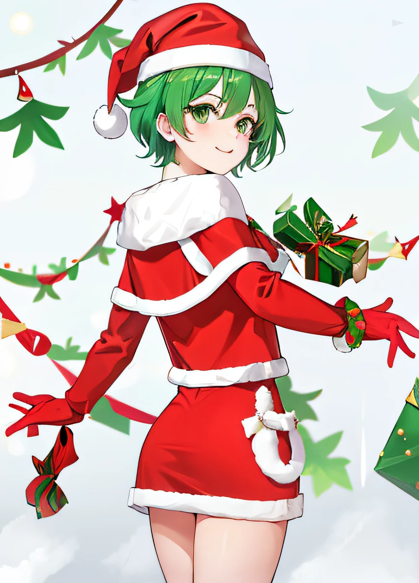 Green hair,short-hair,Santa Clothes,santa hat,Anime girl who looked back,Christmas Leaf,Red gloves on both hands,