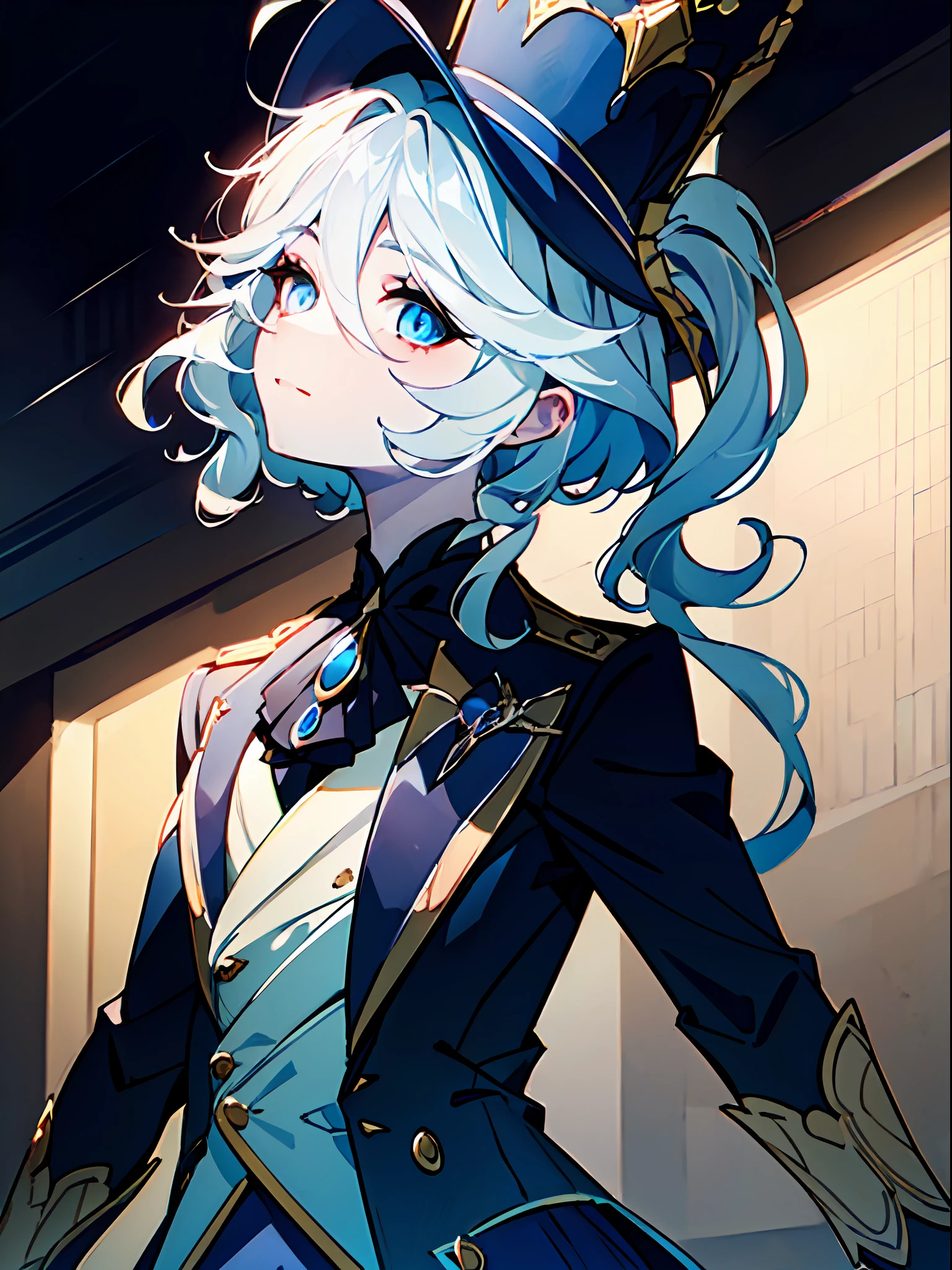 ((female)), (solo:1.2), ((masterpiece)), ((pale skin)), ((detailed eyes)), (bokeh effect), (dynamic angle), dynamic pose, white hair, hat, blue attire