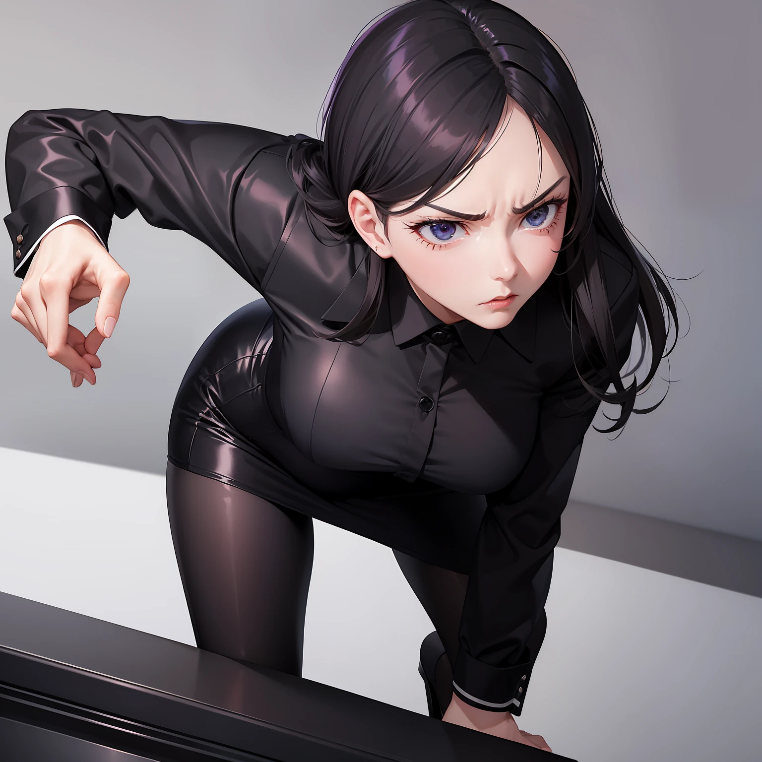 governess、Black Business Suit、White long sleeve shirt、Black tight skirt with deep slit、tights、Tapping the desk with both hands、angry looking face、