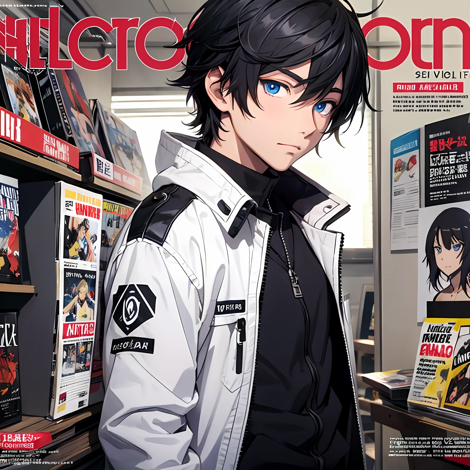 Anime boy, black wolf hair, blue eyes, magazine background