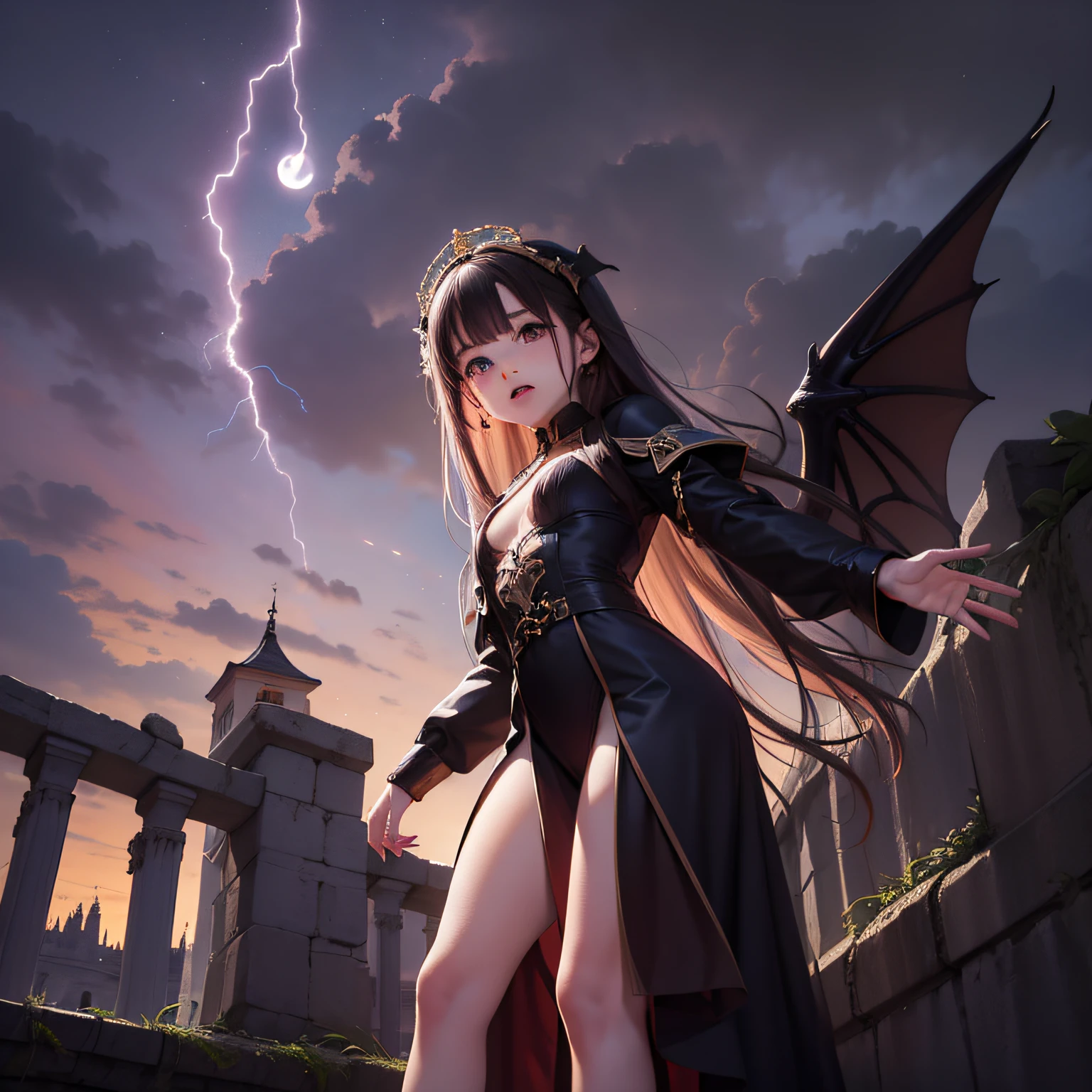 gloomy castle, Hordes of armed angels surround the sky above the castle、Lightning clouds, Atmospheric lightning, Pink lightning, With thunderstorms, Dramatic purple lightning, Dark storm with lightning, Lightning in the sky,Rough skies、Female vampire looking up at the sky、Black Gothic Dress、Red moon peeking through the clouds、Angels are flying in the sky、The vampire glares at the angel from the ground、wide Shots、small tits、Demagogic smile、sharp and long double teeth、