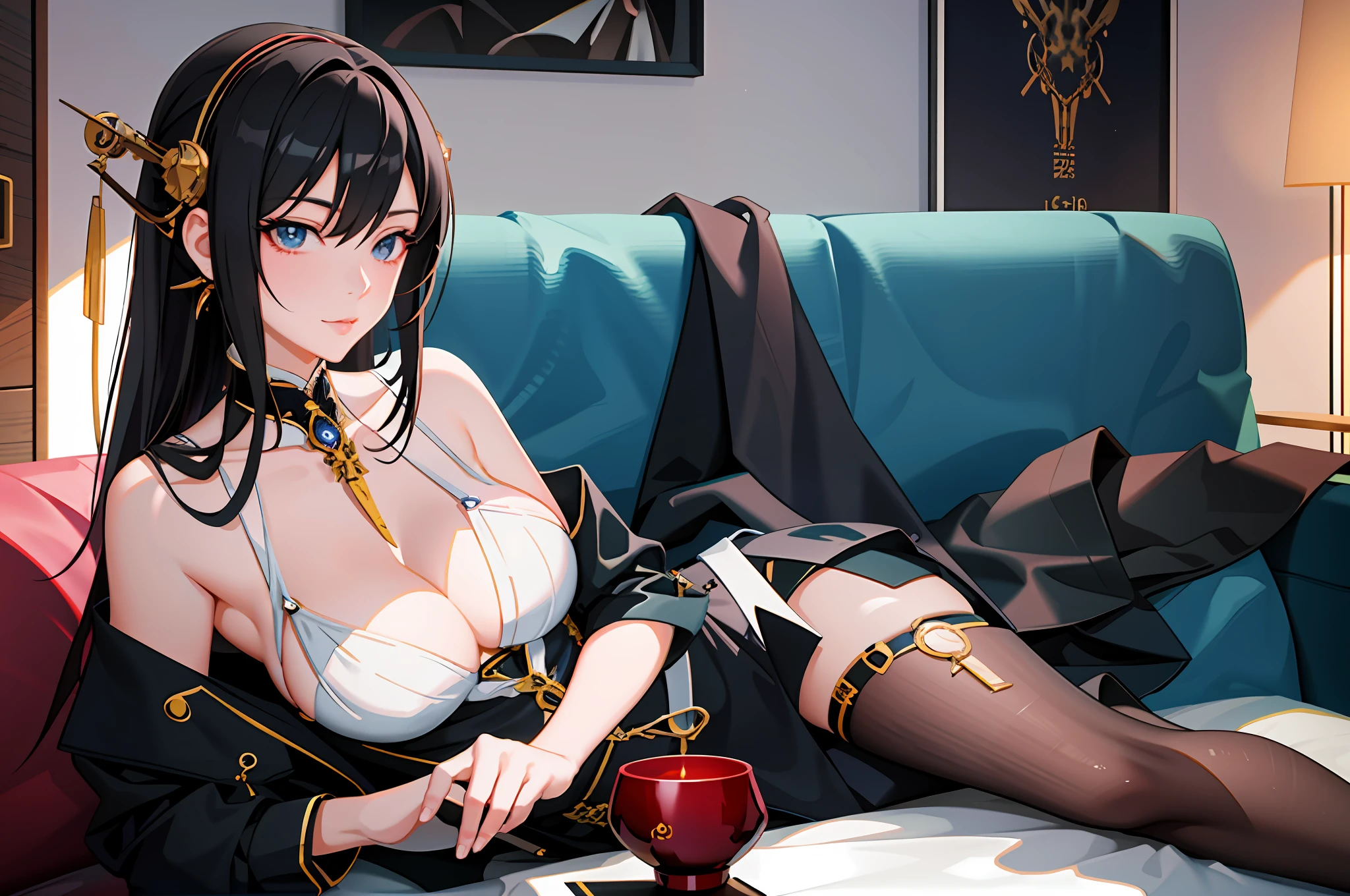 Anime - Stylized image of a woman sitting on a sofa, seductive anime girls, beautiful and seductive anime woman, Smooth anime CG art, attractive anime girls, Fine details. Girl front, Photorealistic anime, Realistic anime 3 D style, photorealistic anime girl rendering, Biomechanical OPPAI, Detailed digital anime art, 3 d anime realistic