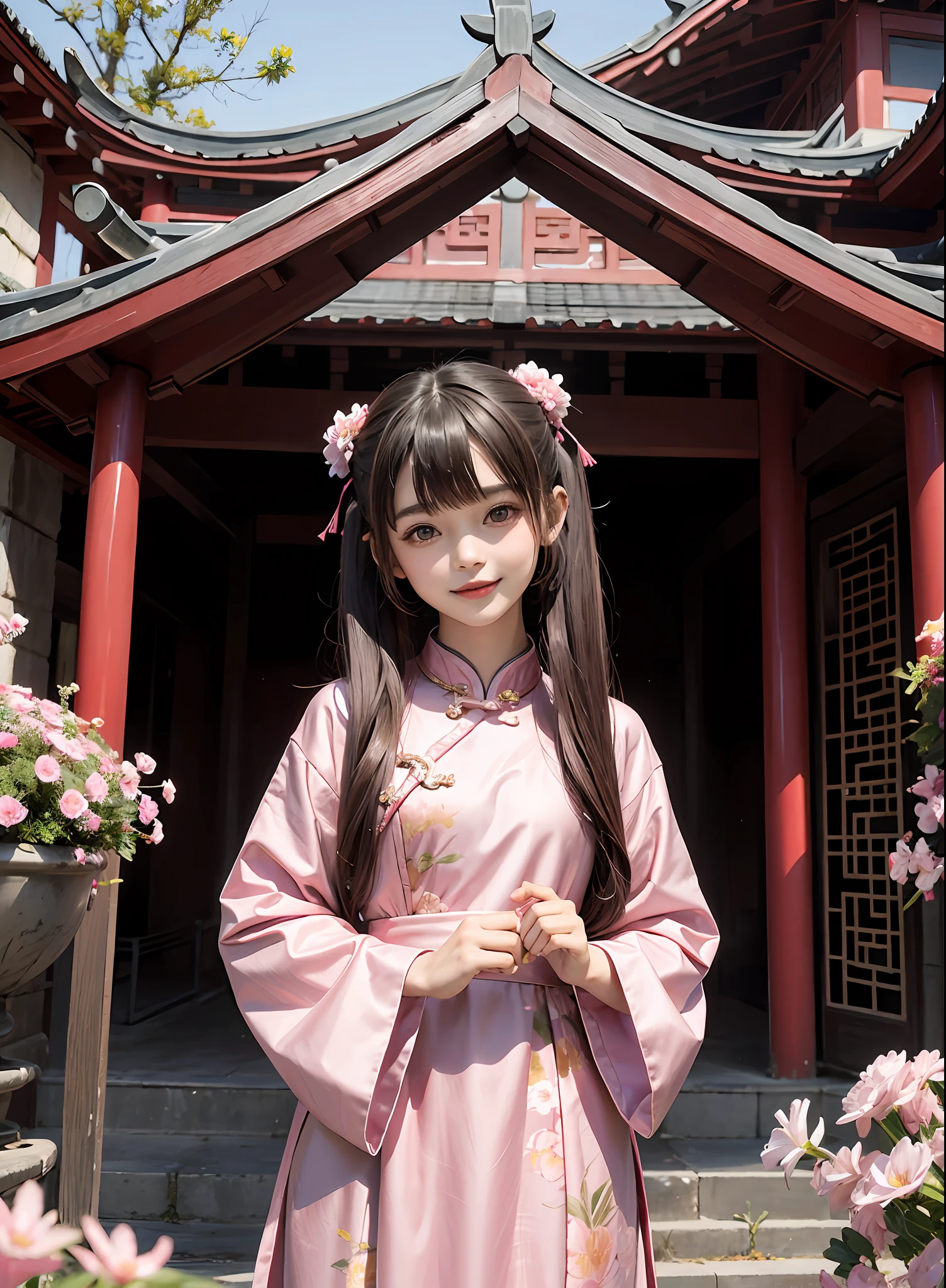 pink,chinese palace,1little girl,lily,twintails,brunette color hair,By bangs,Long chinese dress,flower,9--old ale model,Princess,Smile,