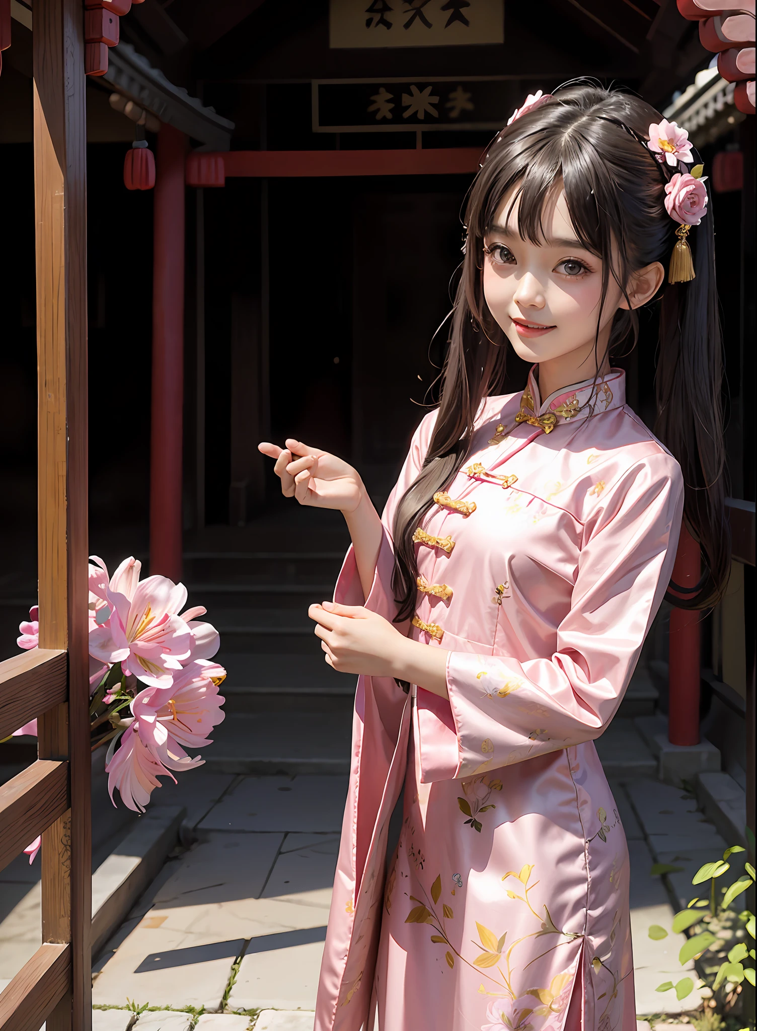 pink,chinese palace,1little girl,lily,twintails,brunette color hair,By bangs,Long chinese dress,flower,9-year-old female model,Princess,Smile,