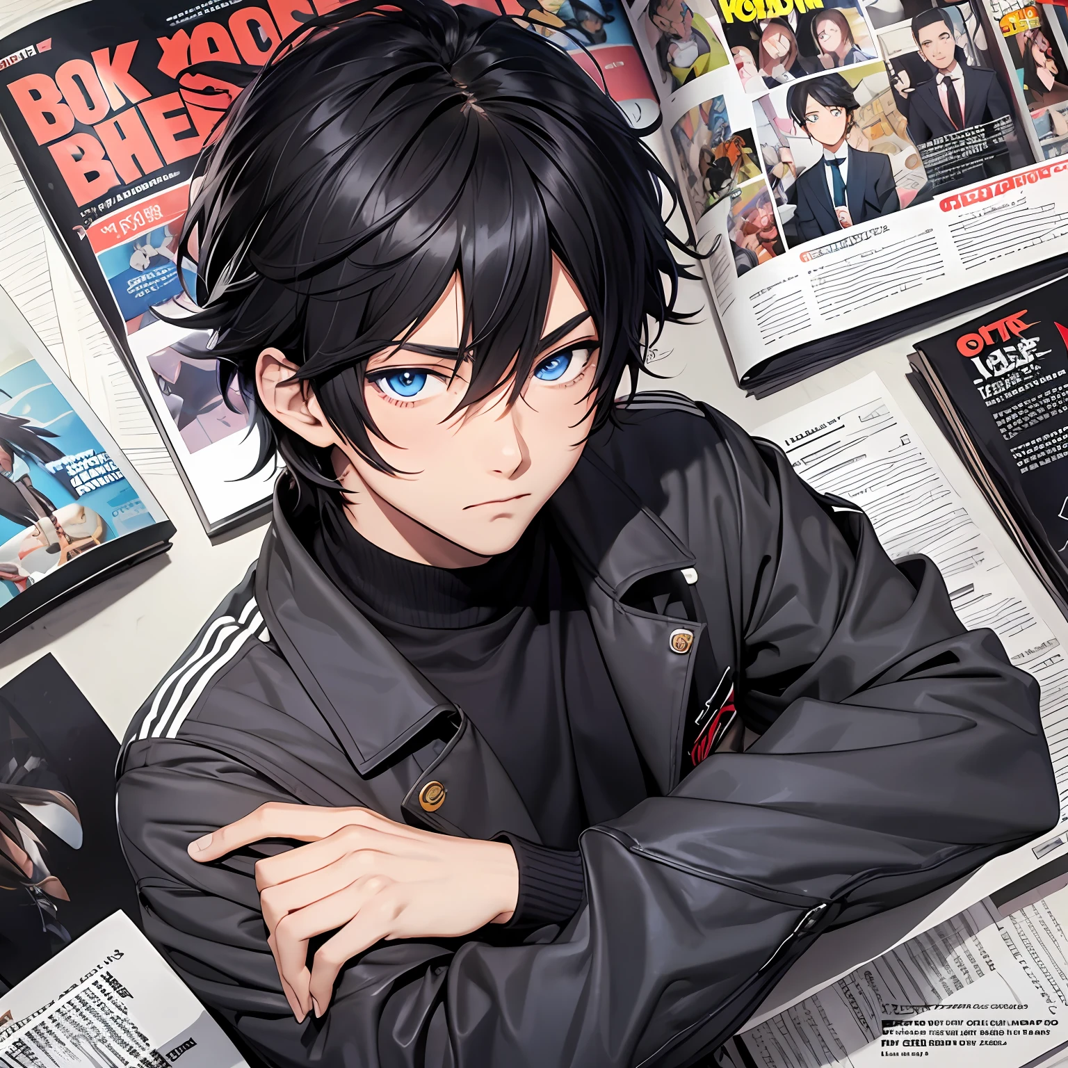 Anime boy, black wolf hair, blue eyes, magazine background
