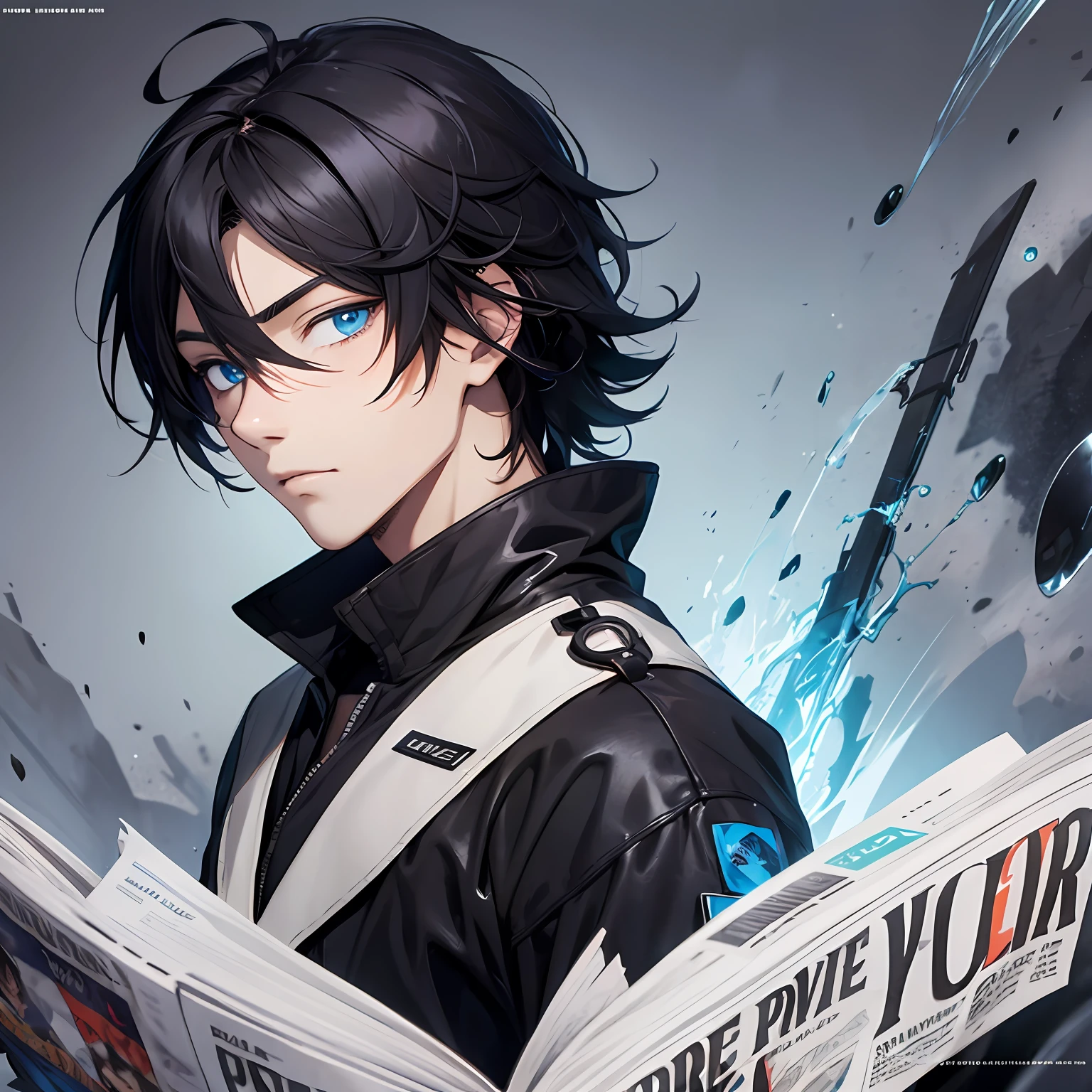 Anime boy, black wolf hair, blue eyes, magazine background