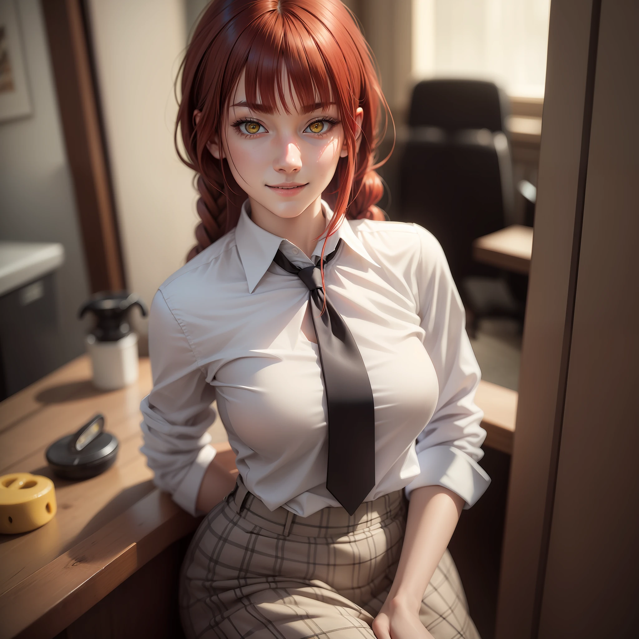 masterpiece, (photorealistic:1.4), best quality, beautiful lighting, (ulzzang-6500:0.4), makima \(chainsaw man\), (red hair)+(long braided hair)+(bangs), yellow eyes, golden eyes, (ringed eyes), (white shirt), (necktie), RAW photo, 8k uhd, film grain ,shit lift,skirt lift,smile,18years old,