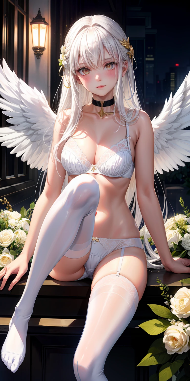 realisticlying，White hair，Golden eyes，glowing light eyes，parted lip，Blushing，the night，fresh flowers，angelicales，girls，Leg to knee，with thin legs，white legwear，Panties exposed，The bra is exposed，Golden wings