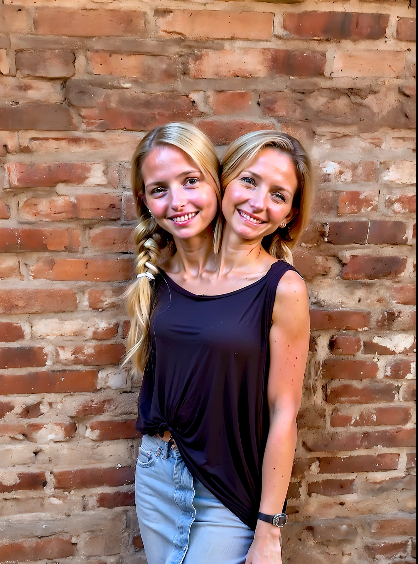 2heads, two headed girl, (mom and daughter conjoined:1.5), (one torso:1.5), (female:1.5), (blonde:1.5), (two heads attached to one body:1.4), conjoined twins, heads side by side, one body, young, uncomfortable, barefoot, bare breasts