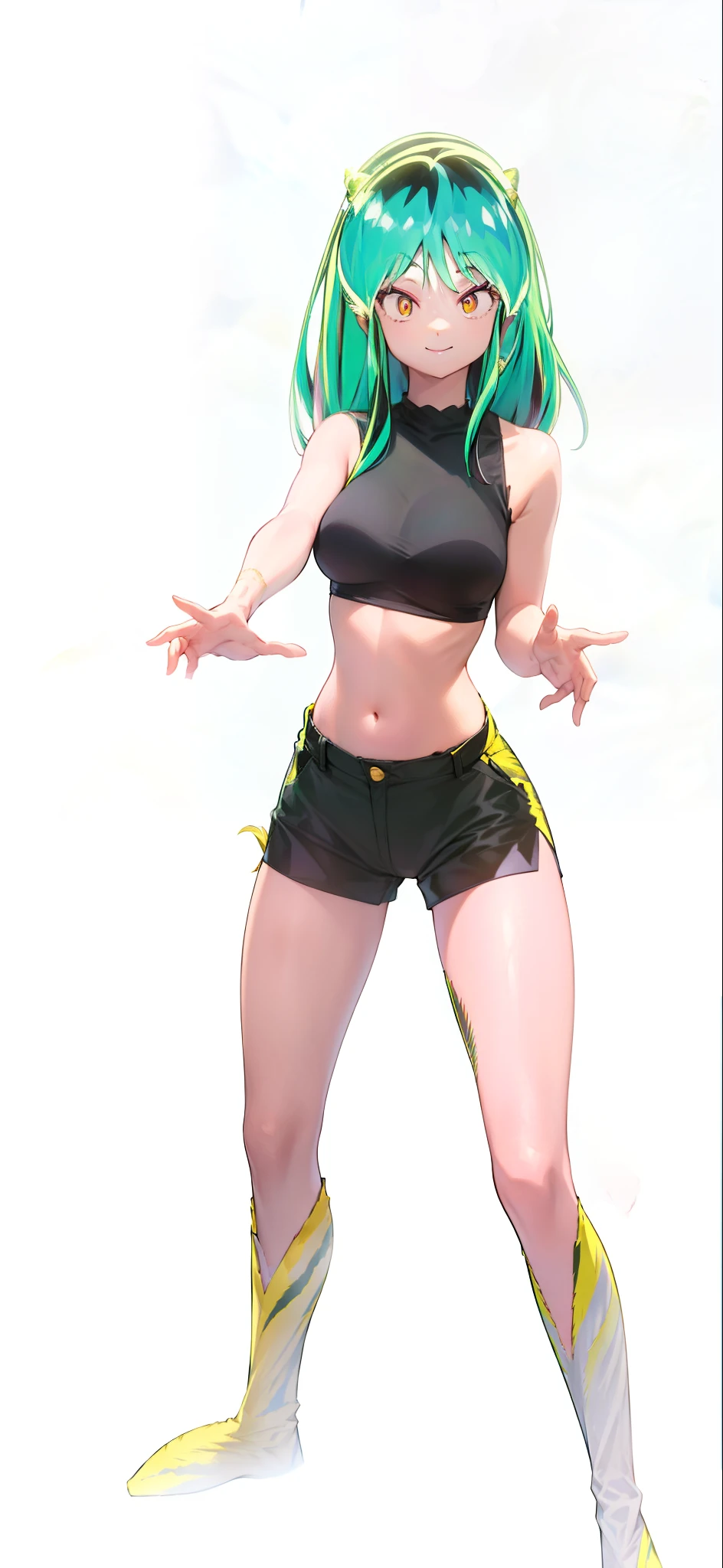 Tiger print boots、Tiger print bikini、Woman with green hair and horns、Tiger print bikini、dance、animesque、urusei yatsura、a smile