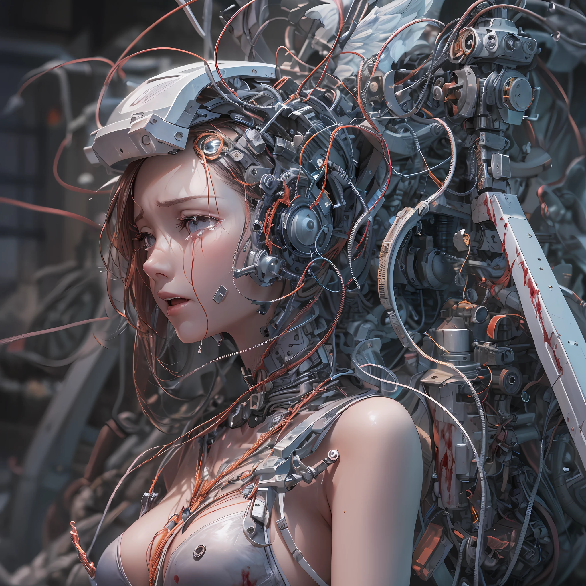 (((Masterpiece)))), (((highest quality)))), ((Ultra Definition)), (High Definition CG Illustration), (Very delicate and beautiful)), (from the front), Cinematic Light, (((1 Mechanical Girl)), Solo, Whole Body, (Mechanical Joint: 1.2), (Mechanical limb)), (Blood vessel connected to tube), (Mechanical spine attached to the back), (Mechanical cervical spine attached to the neck)), (Sitting), ( Wires and cables attached to the neck: 1.2), (Head wires and cables: 1.2), (character focused), science fiction, highly detailed, colorful, most detailed, smooth flesh, slightly larger breasts, slightly larger ass, (crying)), (((angel wings))