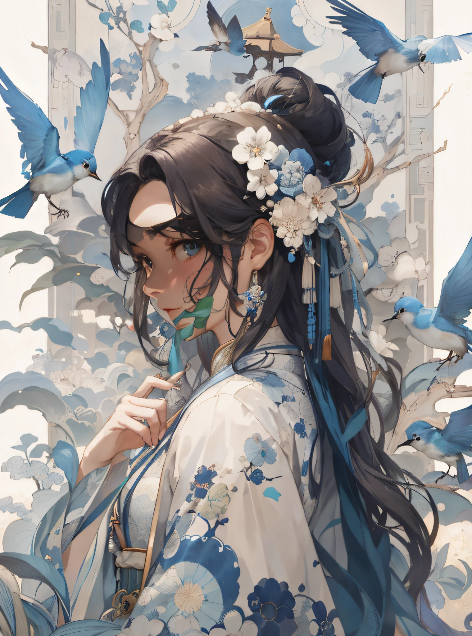 There was a woman with a bluebird stuck in her hair,Blue and white porcelain， Guviz, Guviz-style artwork, Palace ， A girl in Hanfu, by Yang J, by Ye Xin, Guweiz in Pixiv ArtStation, Guweiz on ArtStation Pixiv, author：Chen Lin, trending on cgstation, Beautiful digital artwork