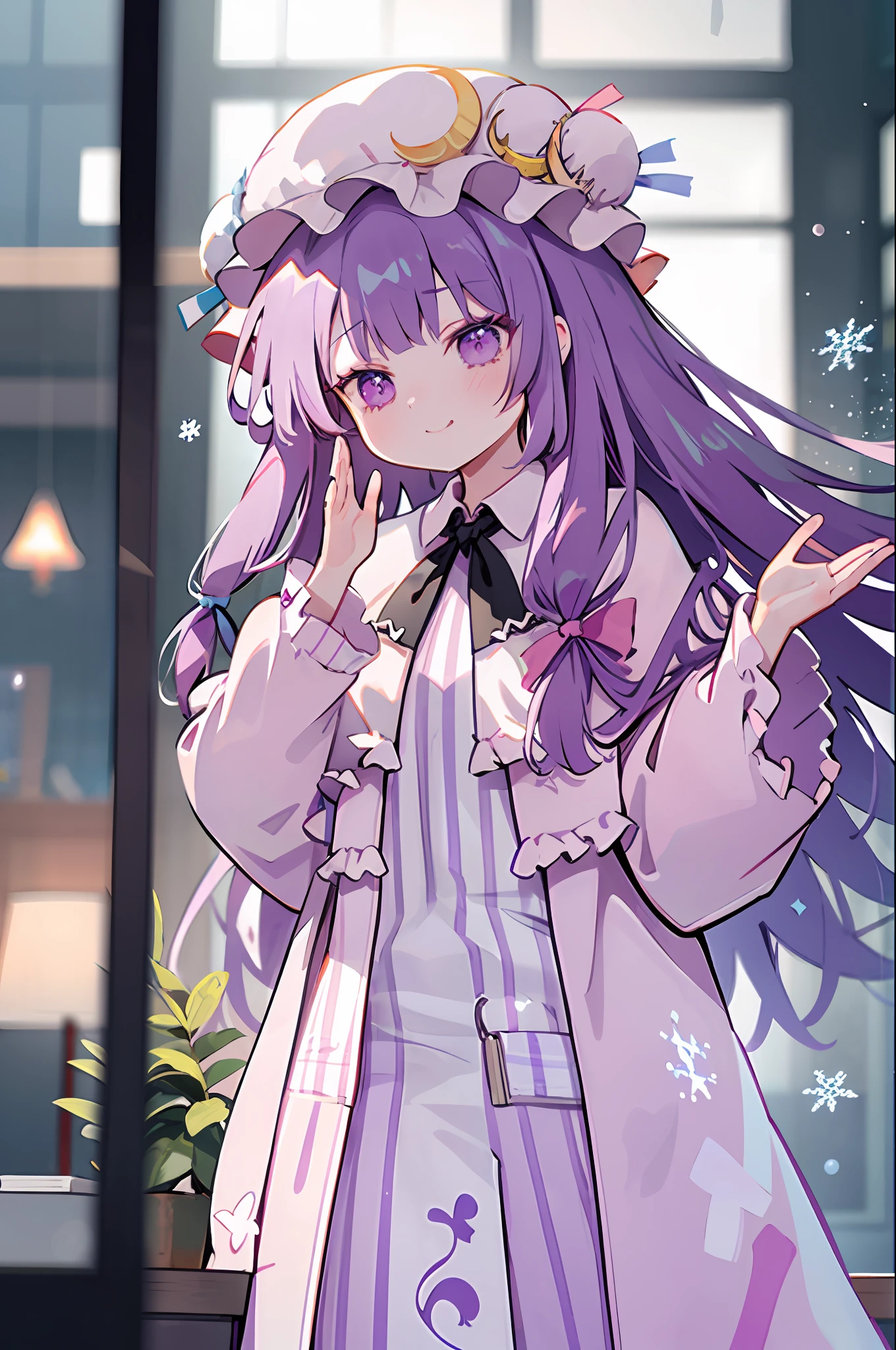 ​masterpiece, top-quality, lqstyle01, 1girl, Patchouli Knowledge, 独奏, length hair, Mob Hat, window,purple color  hair,a purple eye,Purple dress,looking at the viewers, a smile, The upper part of the body, bblurry, snowflakes falling, Raise your hands, blurry backround, Mouth closed, wave her hand, yuki, bangss, depth of fields, Indoors, against glass, Look outside, Very long hair,(Patchouli Knowledge)