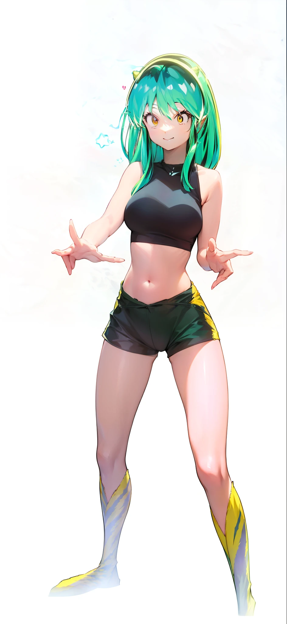 Tiger print boots、Tiger print bikini、Woman with green hair and horns、Tiger print bikini、dance、animesque、urusei yatsura、a smile