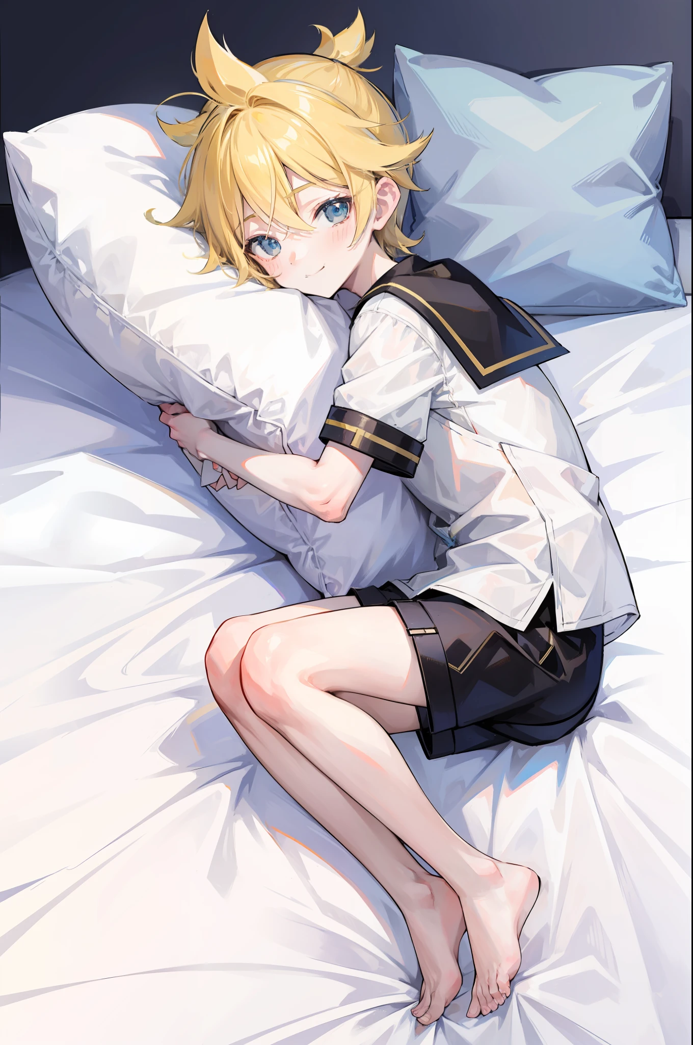 best quality, ultra precision, (one boy), (Len_Kagamine), blond hair, cowlick, on bed, character focus, black short pants, sailor uniform, innocent, slender, blush, cute, cool, smile a little, happy, handsome, he loves you, teenager, high school student, lying on bed, full body, sleep with you, (hugging pillow), male model, legs