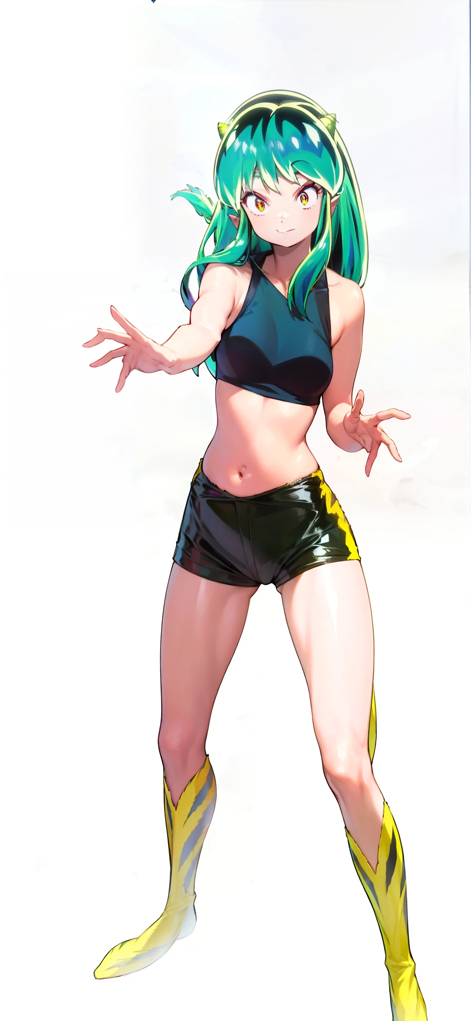 Tiger print boots、Tiger print bikini、Woman with green hair and horns、Tiger print bikini、dance、animesque、urusei yatsura、A smile