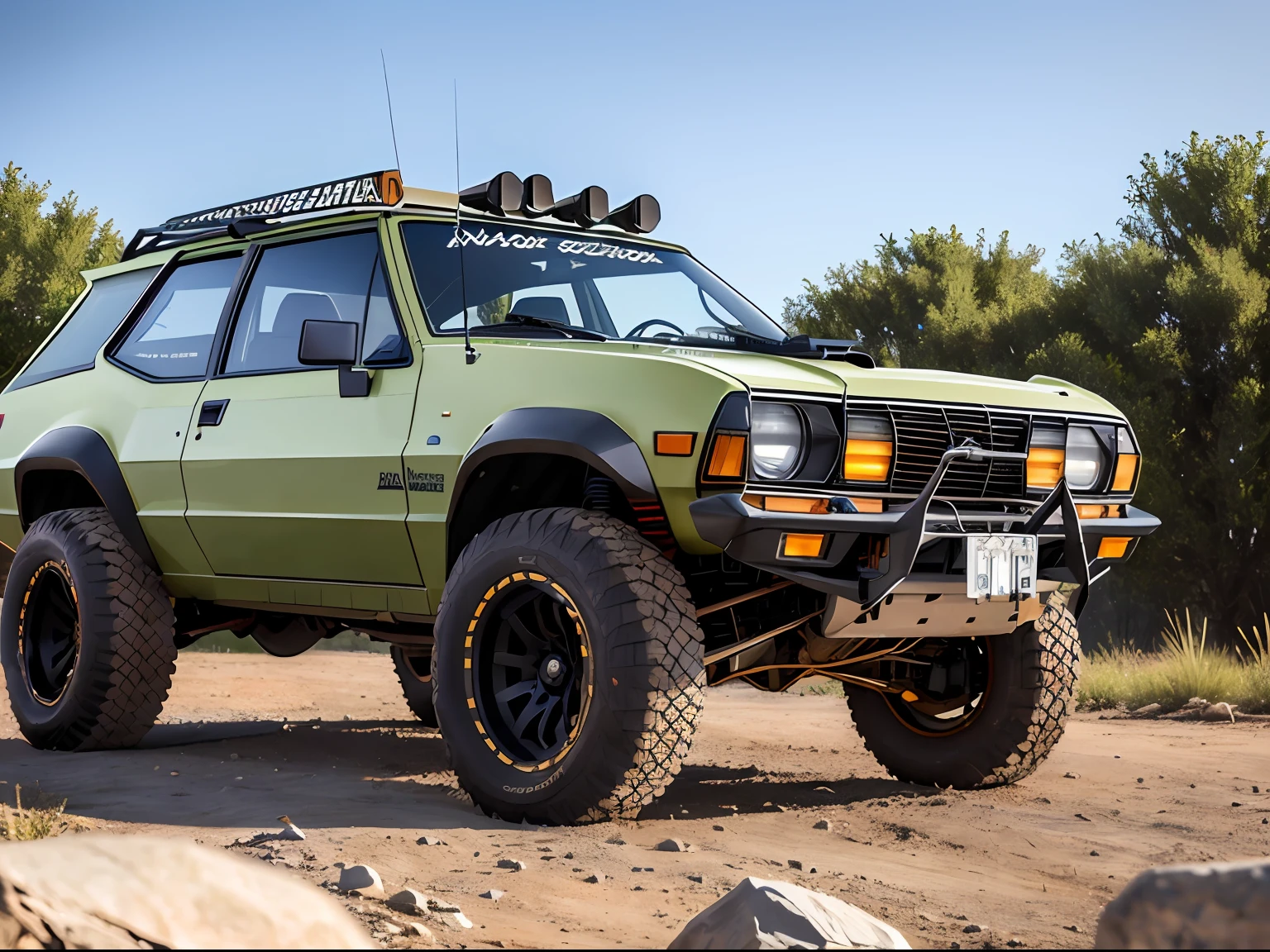Um closeup de um AMC Eagle SX4, com rack de teto, estribos nas laterais, Competition Accessories (( pneus grossos e altos)) rodas preta de off-road, quebra mato frontal((( Estilo militar))), trending on vehicle design, dominance, corpo inteiro, corpo inteiro, 4l, gm, desporto, 🕹️ 😎 🔫 🤖 🚬, Detalhe poderoso, Album art, new vehicle, extremamente intrincado, vehicle, Directed by: Karl Völker