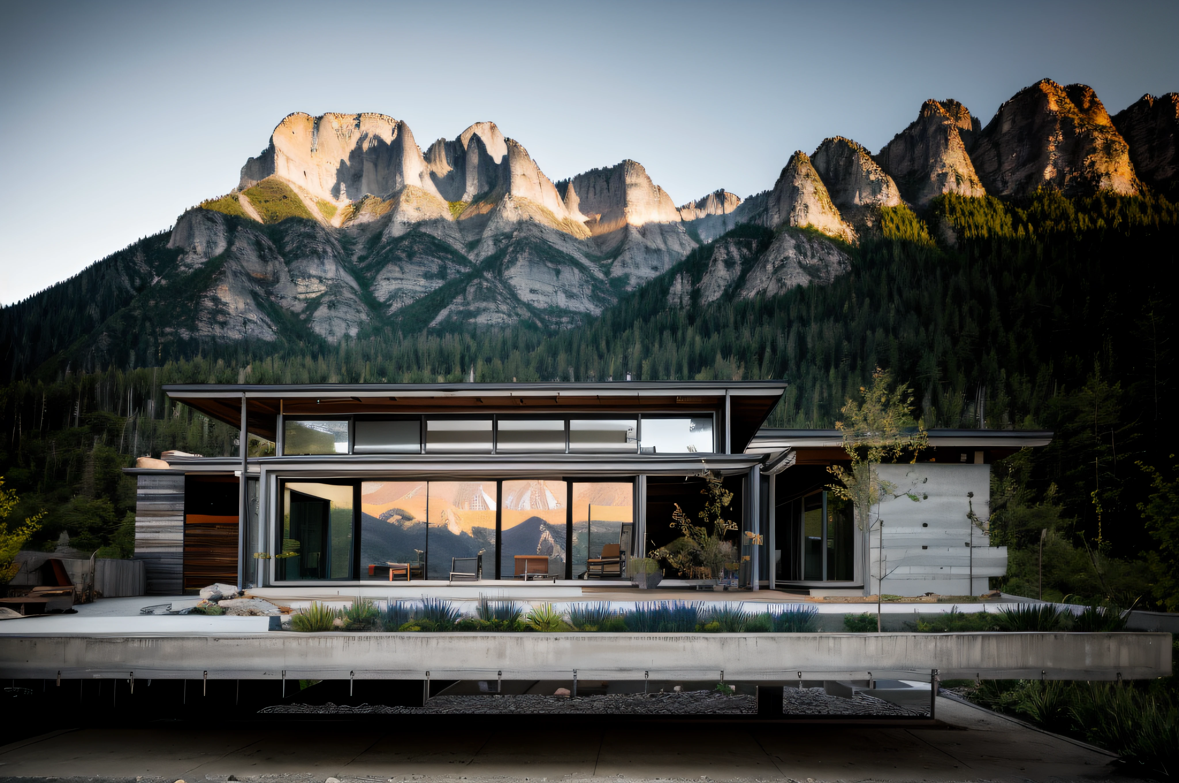 steel frame structure, concrete wall, prefabricated houses, large sliding glass door ,with eaves, RAW photo, nature, epic futuristic, fade, warm, glow at sunset ,sunset lighting, raw, hdr, (mountains:1.3), traveler clothes, standing in the forest, natural skin, 8k uhd, high quality, film grain, Fujifilm XT3, cinematic, slate grey, dramatic light, architecture, shadow in front, 5pm,