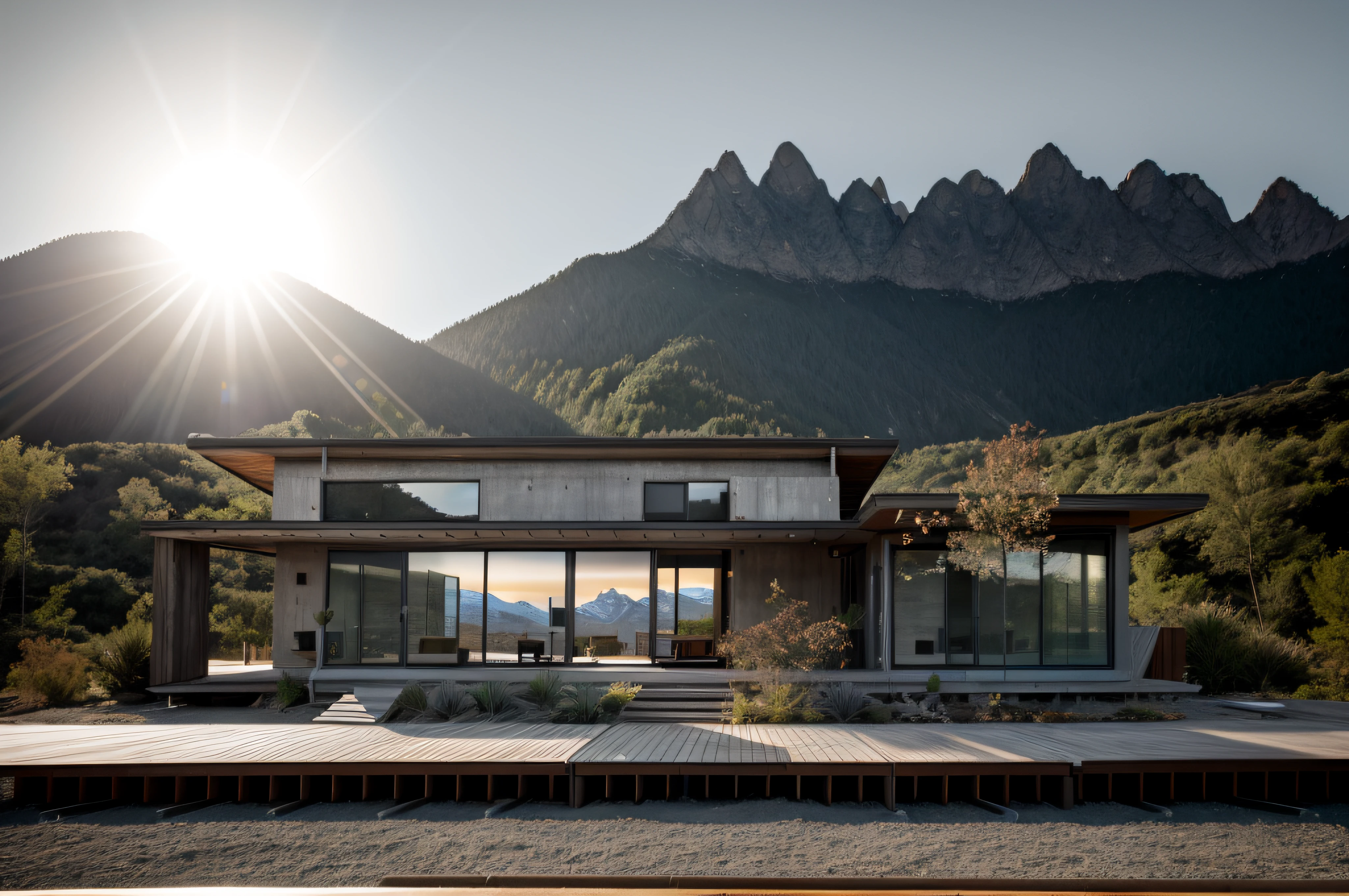 steel frame structure, concrete wall, prefabricated houses, large sliding glass door ,with eaves, RAW photo, nature, epic futuristic, fade, warm, glow at sunset ,sunset lighting, raw, hdr, (mountains:1.3), traveler clothes, standing in the forest, natural skin, 8k uhd, high quality, film grain, Fujifilm XT3, cinematic, slate grey, dramatic light, architecture, shadow in front, 5pm,