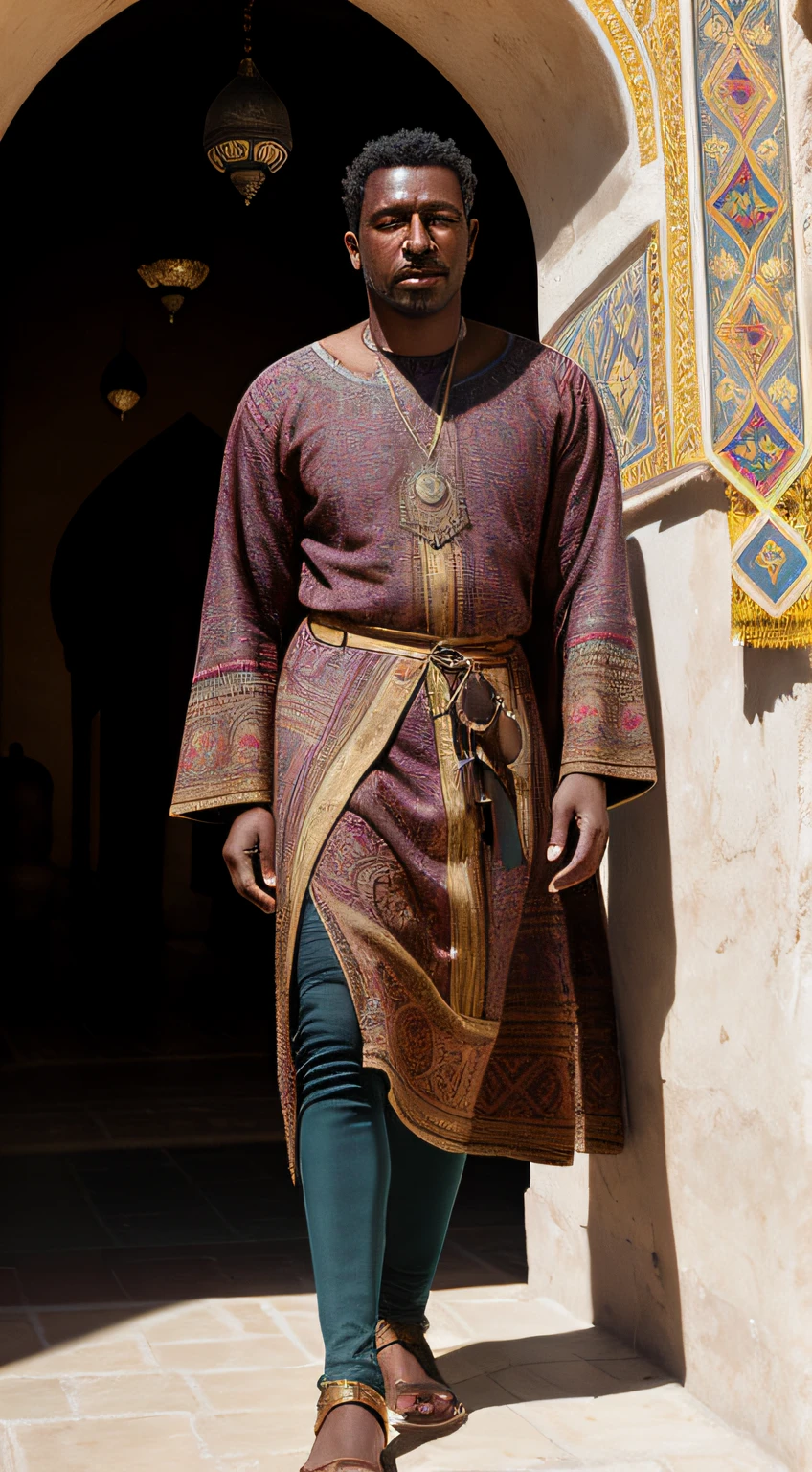 full body portrait of a blasian dark-skinned medieval fantasy 30 year-old man, almond-shaped eyes, hazel-colored eyes, medium well-kept hair, traditional fantasy north african nobleman's clothes, waist sash, exotic, rich, elaborate, colorful, intricately decorated, patterned, in a medieval fantasy north african traditional town, (backlighting), realistic, masterpiece, highest quality, lens flare, shade, bloom, [[chromatic aberration]], by Jeremy Lipking, by Antonio J. Manzanedo, digital painting