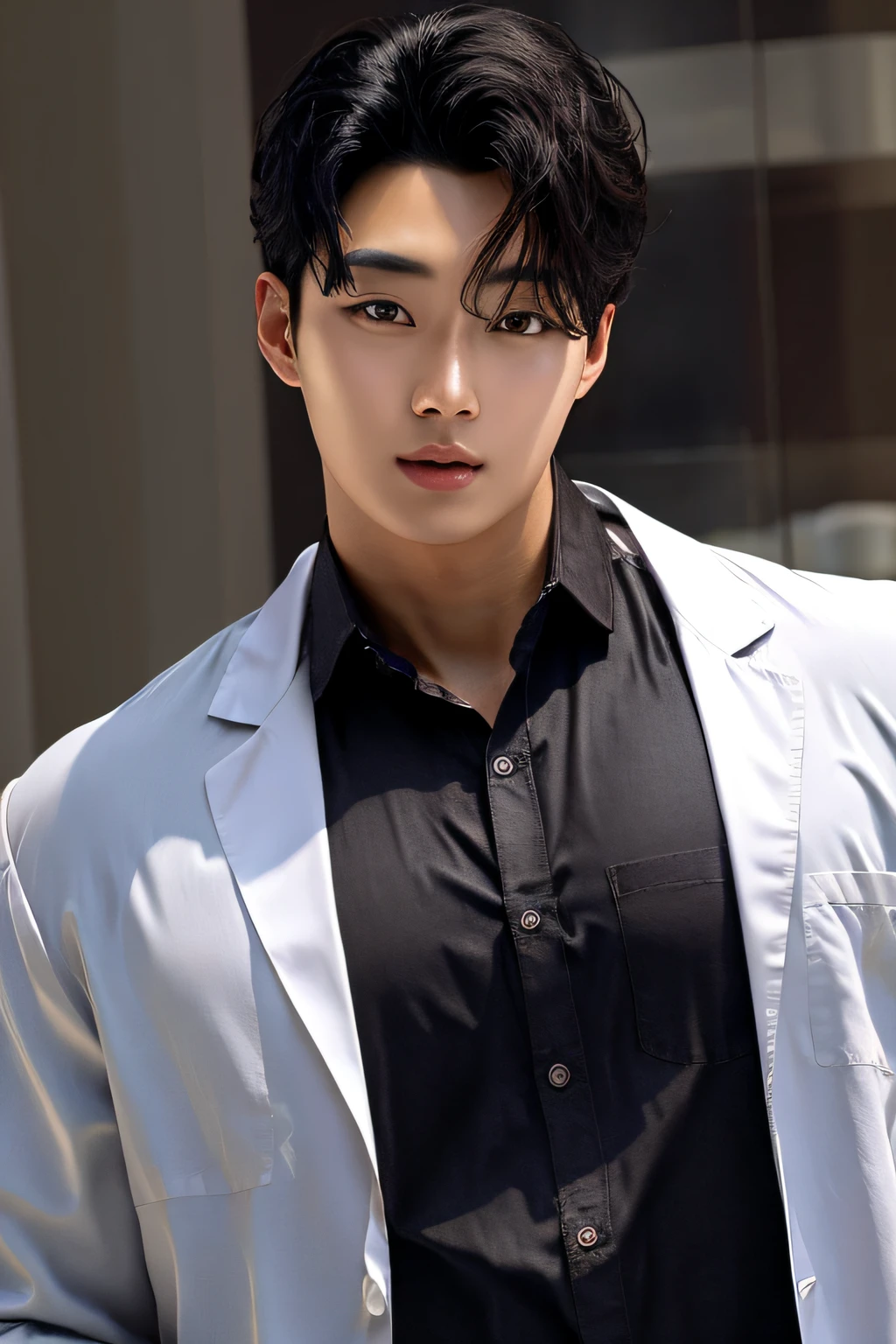 oppav3、(​masterpiece、Super mass、hight resolution、8k、Convoluted: 1.2)、(A detailed face:1.2)、(wearing lab coat:1.5)、a handsome、Detailed skin、pores、absurderes、hunk、1 Boy、Male Focus、( (realisticlying))、Good lighting quality、Muscle veins、((pale skin))、flexing、Balanced eyes、brown-eyed、