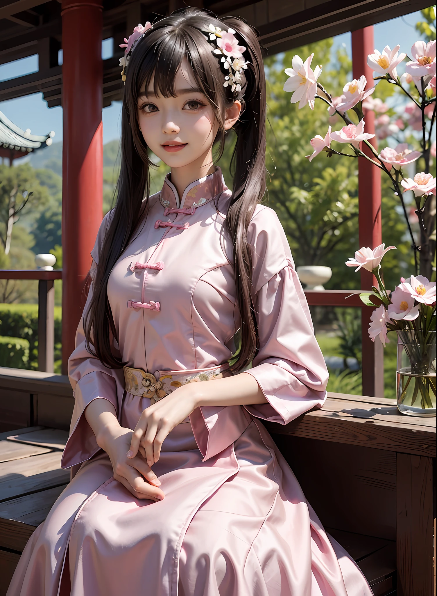 pink,chinese palace,1little girl,lily,ponytails,brunette color hair,By bangs,Long chinese dress,flower,9-year-old female model,Princess,Smile,