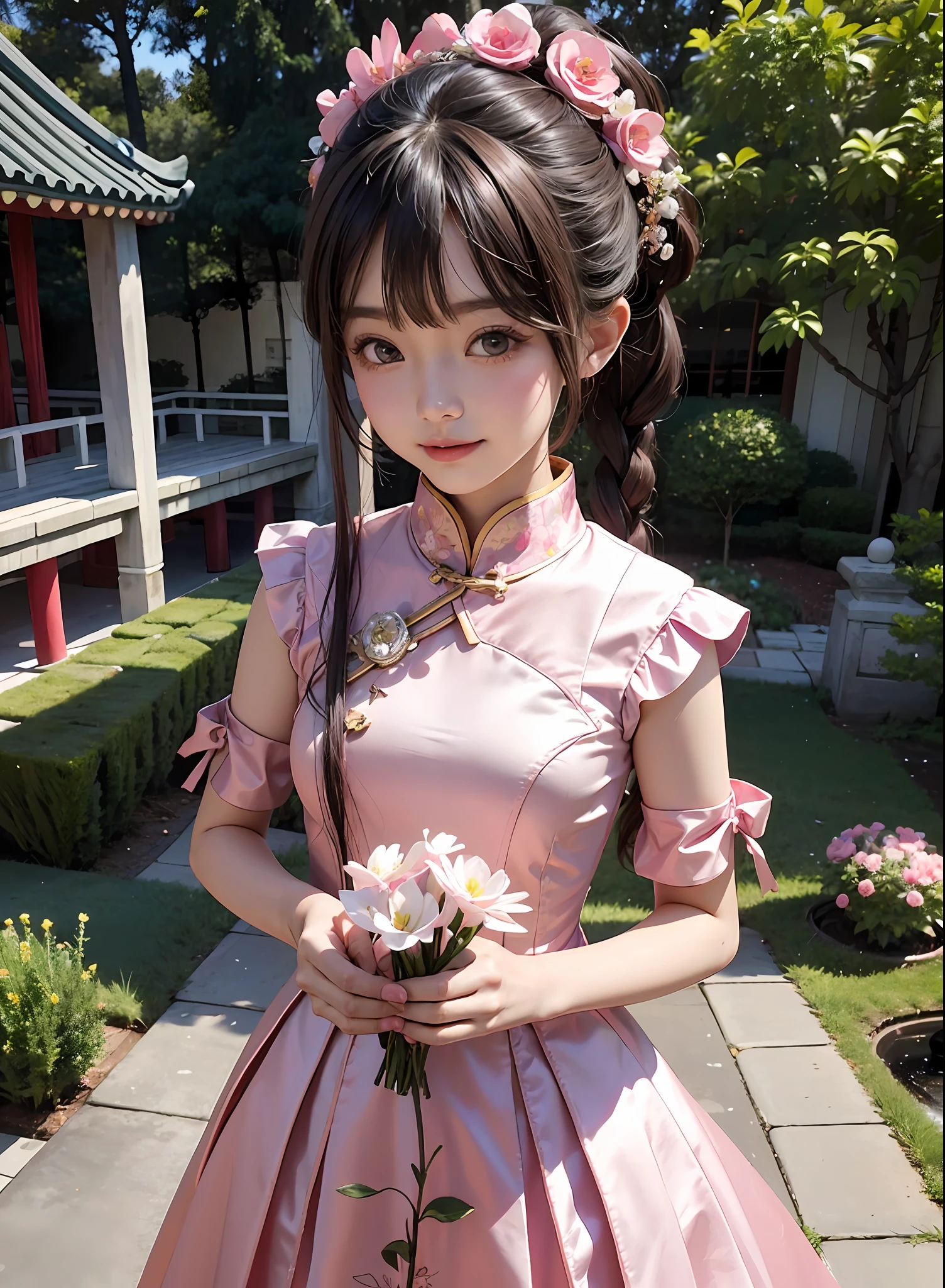 pink,chinese palace,1little girl,lily,ponytails,brunette color hair,By bangs,Long chinese dress,flower,9-year-old female model,Princess,Smile,